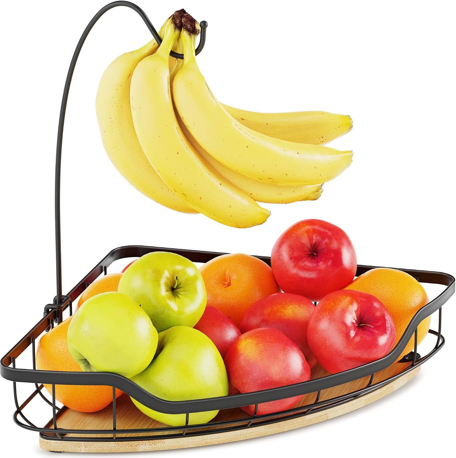 Fruit Holder for Kitchen Countertop with Banana Hanger, Vegetable Basket with Bamboo Base for Kitchen Corner Storage, Black