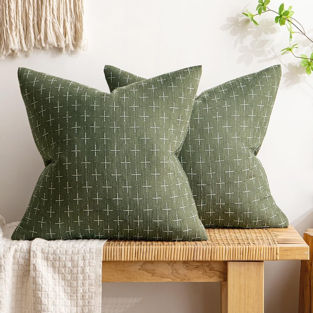 MIULEE Pack of 2 Decorative Vintage Burlap Linen Spring Throw Pillow Covers Modern Farmhouse Pillowcase Rustic Woven Textured Cushion Cover for Sofa Couch Bed 18×18 Inch Olive Green