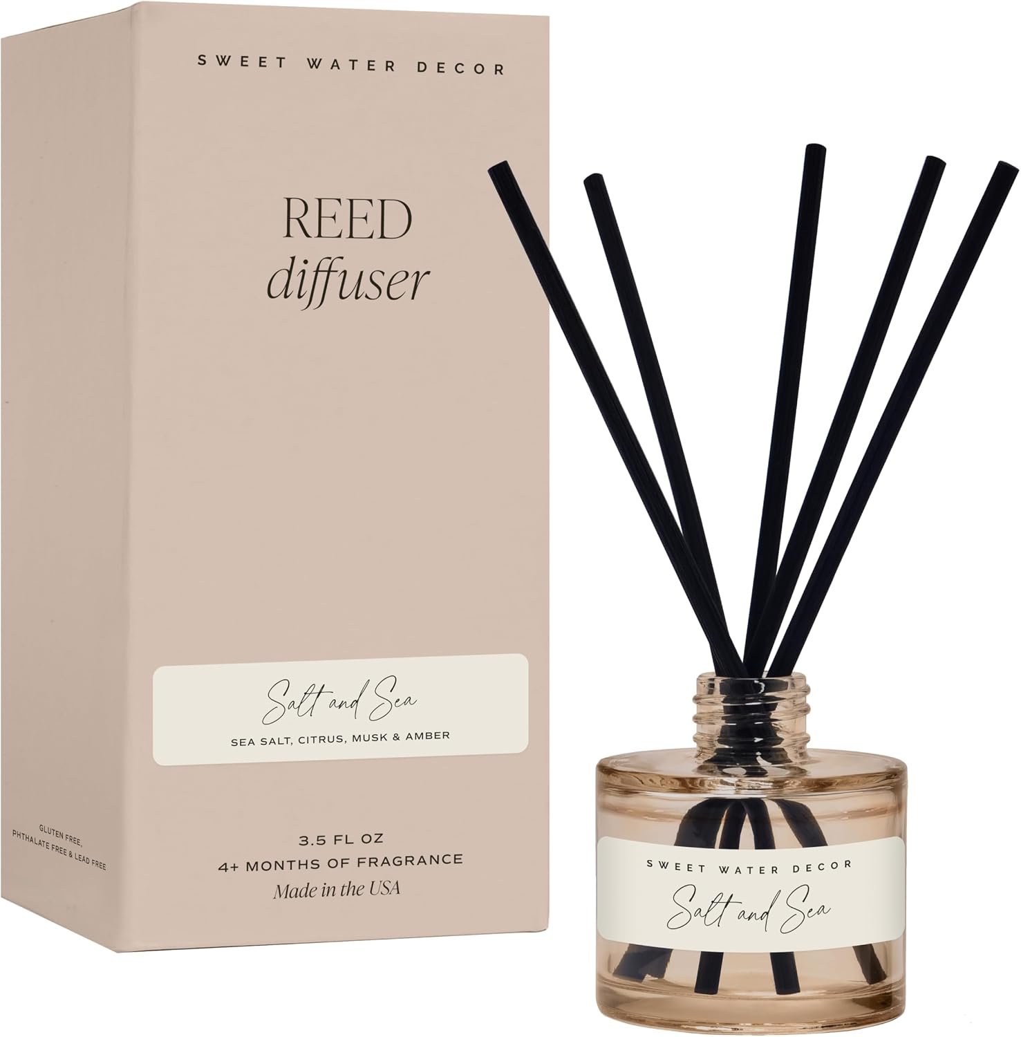 Sweet Water Decor Salt and Sea Reed Diffuser – Sea Salt, Citrus, Musk & Amber Scent – Long-Lasting 4 Month Home Fragrance, Non-Toxic, Aesthetic Home & Bathroom Decor, Made in USA, 3.5 Fl Oz