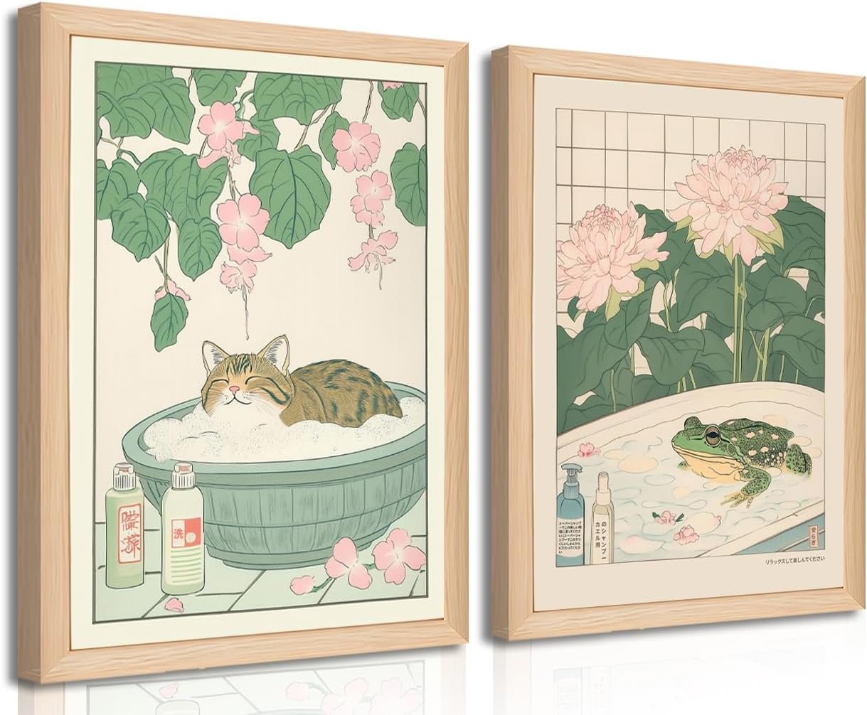 Set of 2 Japanese Bathroom Wall Art Framed Canvas with Cats & Frogs, Wooden Frame, Abstract Nature Poster Prints for Bathroom Decor, Minimalist Zen Painting Art for Home & Spa (12″ W*16″ H*2piece)