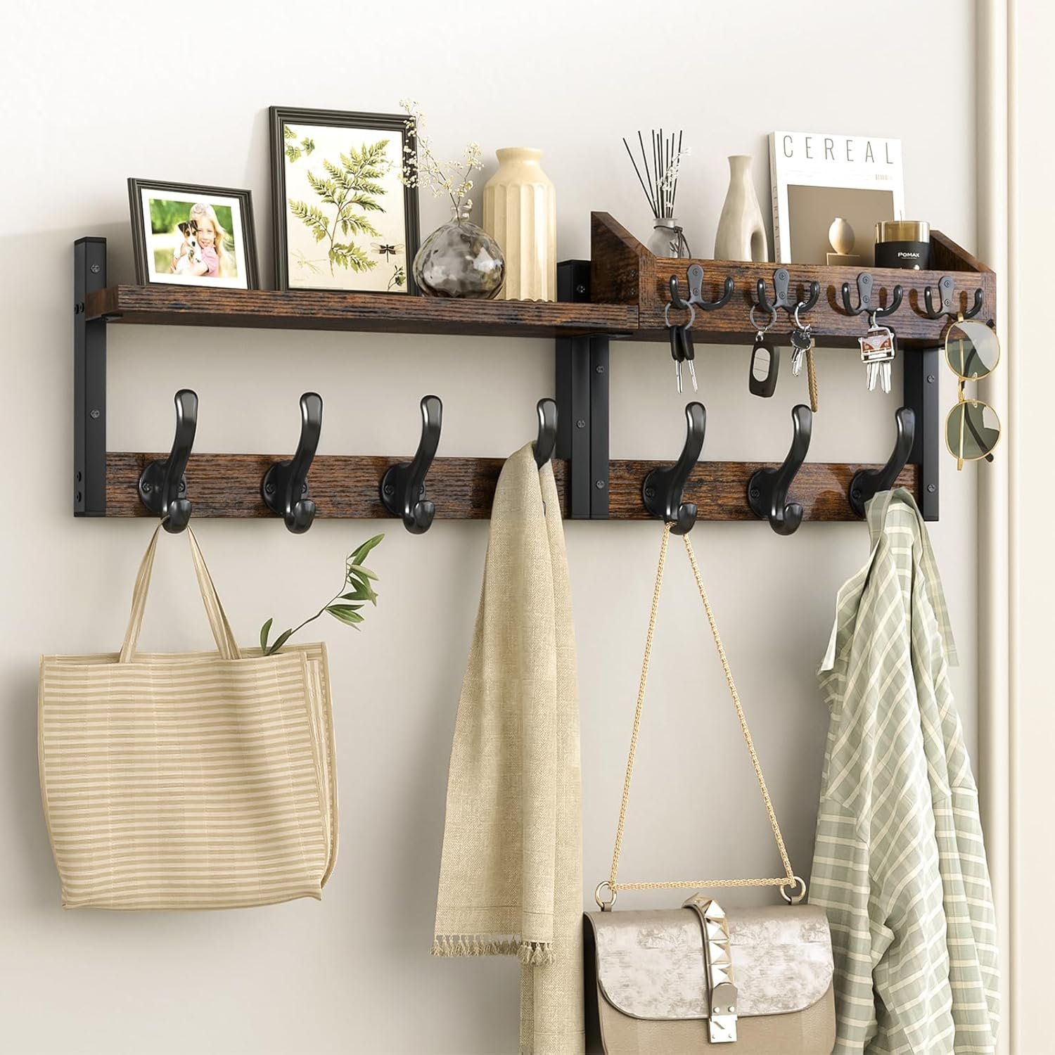 Evermagin 29″ Coat Rack Wall Mount with Shelf, 4 in 1 Coat and Key Hanger with 11 Metal Hooks, Entryway Wall Mounted Shelf with Mail Holder for Living Room, Bedroom, Rustic Brown