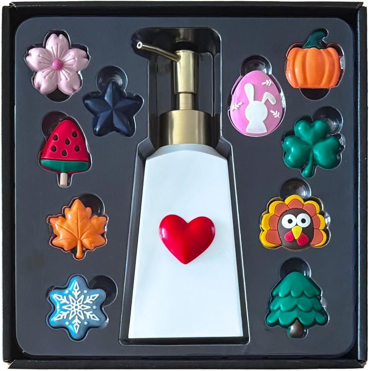 Seasonal Soap Dispenser with 11 Interchangeable Magnets – Seasonal Decor – Farmhouse Bathroom Kitchen Decor (Resin,Built in Magnet) – 8.82oz (Gold)