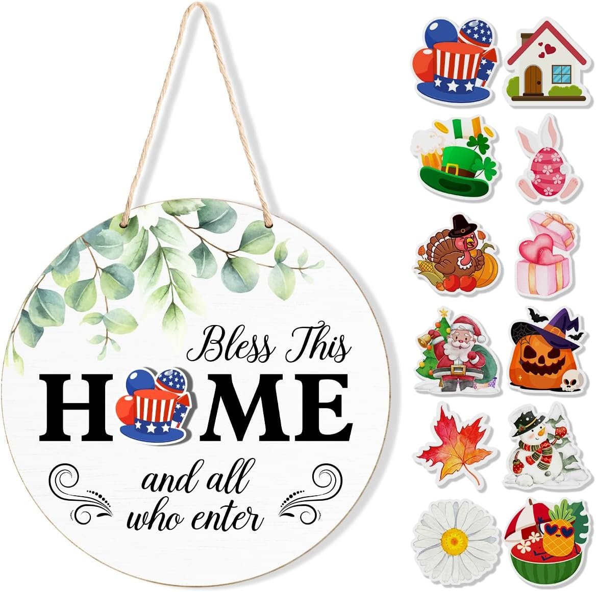 Interchangeable Welcome Sign Summer Front Door Decor, Patriotic 4th of July Modern Round Wood Wreath Wall Hanging Porch Decoration, Bless This Home Sign for Spring Fall Winter All Seasons Holiday