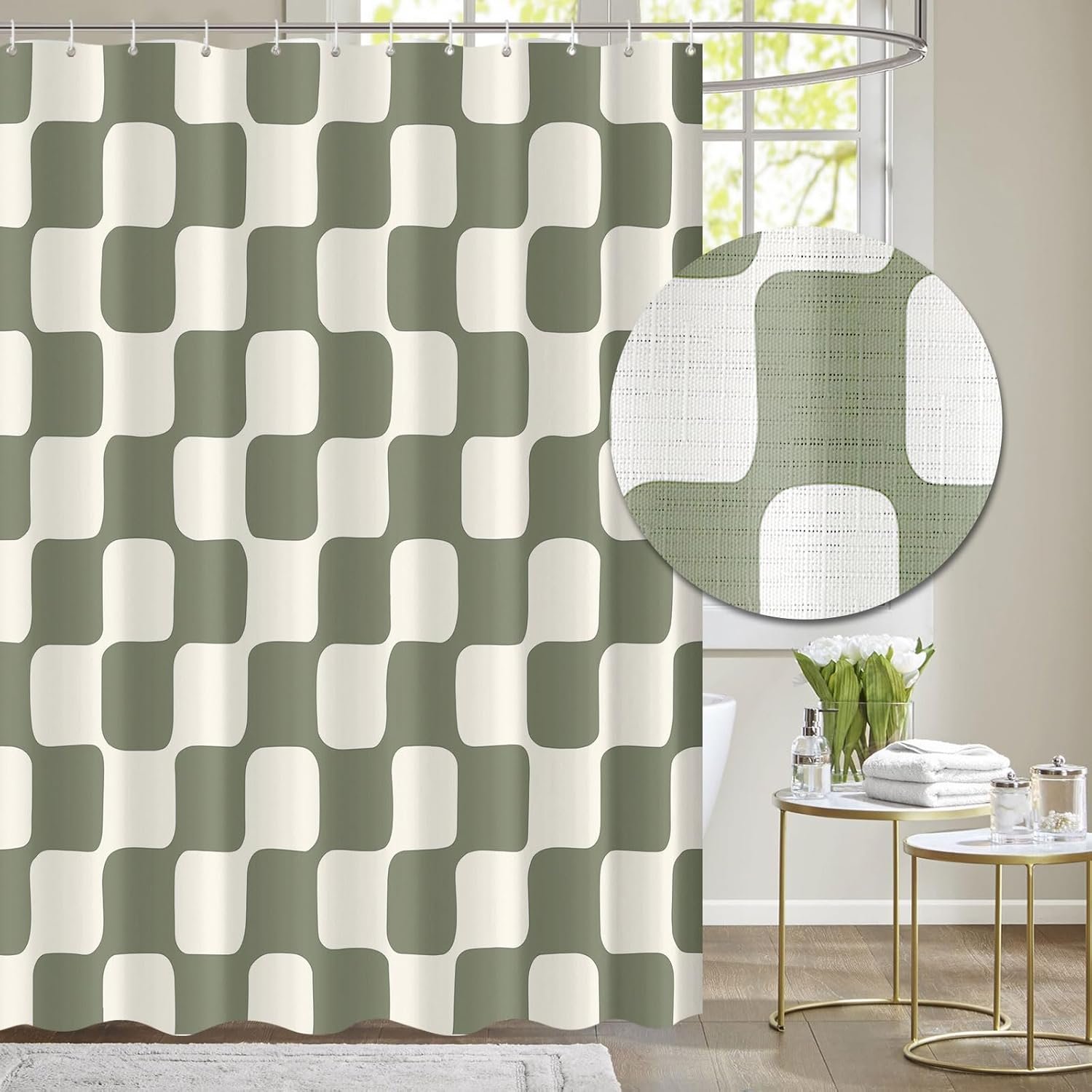Tititex Retro Checkerboard Grid Pattern 140gsm Faux Linen Fabric Shower Curtain, Beige Sage Green Classical Groovy Wavy Checkered Shower Curtain Sets Decoration 72×72 Inch with Hooks