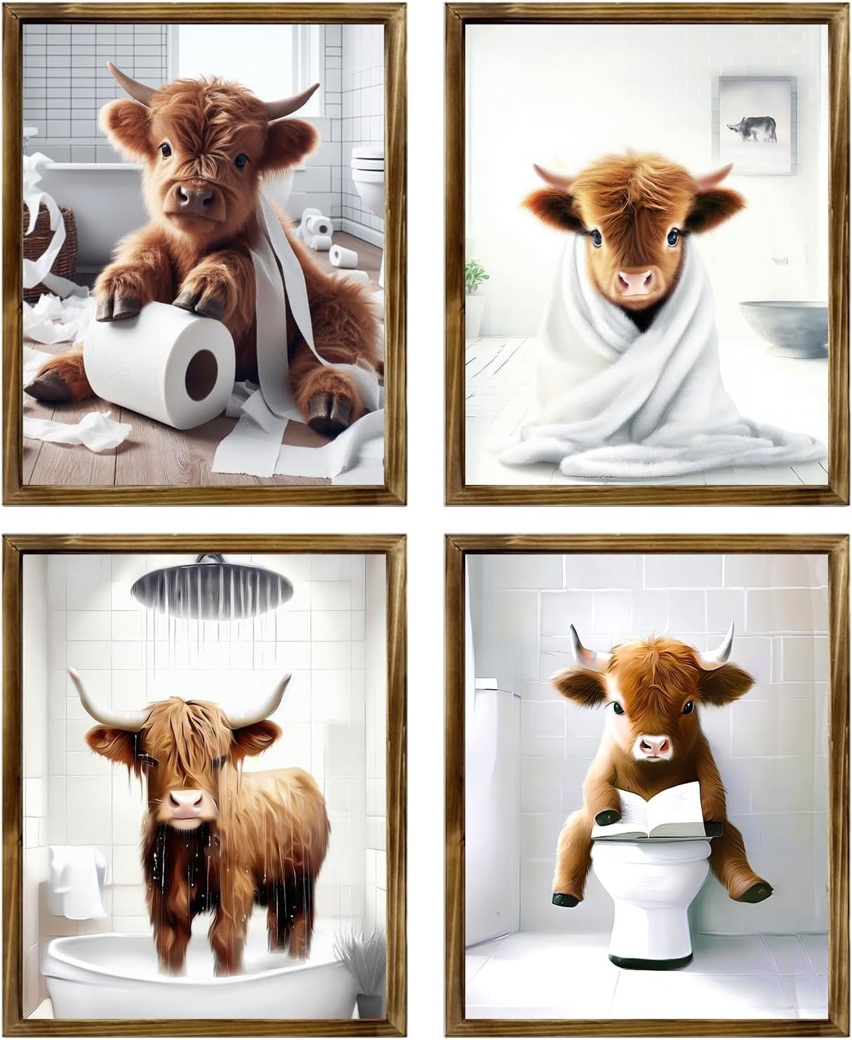 TWNSLLA Highland Cow Funny Bathroom Decor Wall Art,Bathroom Highland Cow Art Prints,Rustic Farmhouse Bathroom Wall Decor,Funny Bathroom Signs Animal Canvas Wall Art,UNFRAMED,8x10inchx4pcs