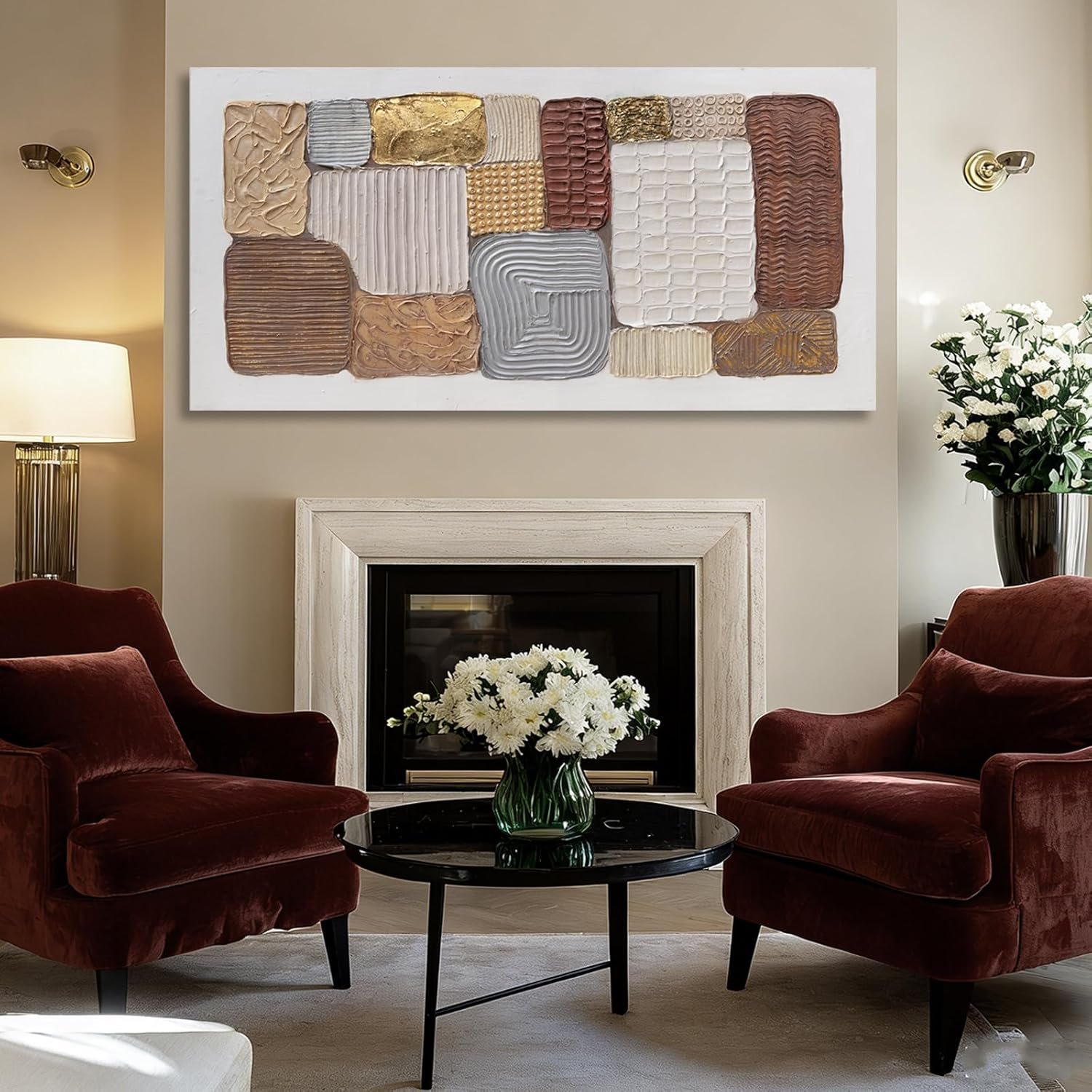 Dolidoteart Canvas Wall Art, Large Abstract Wall Art Print in Neutral Brown Beige Gold, Geometric Textured-Look Artwork for Living Room Bedroom Office, 24×48 Inch