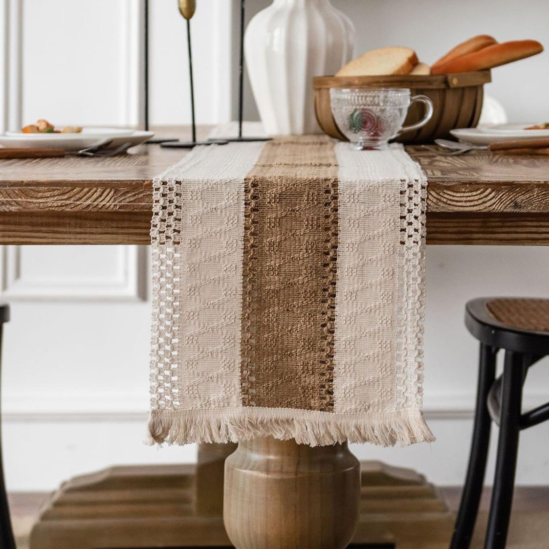 ZAIIVE Geometric Patterned Table Runner with Tassels ,Rustic Table Runners 70 Inches Long for Dresser Home Dining Table Decor (Cream & Brown Stripes, 12×70”)