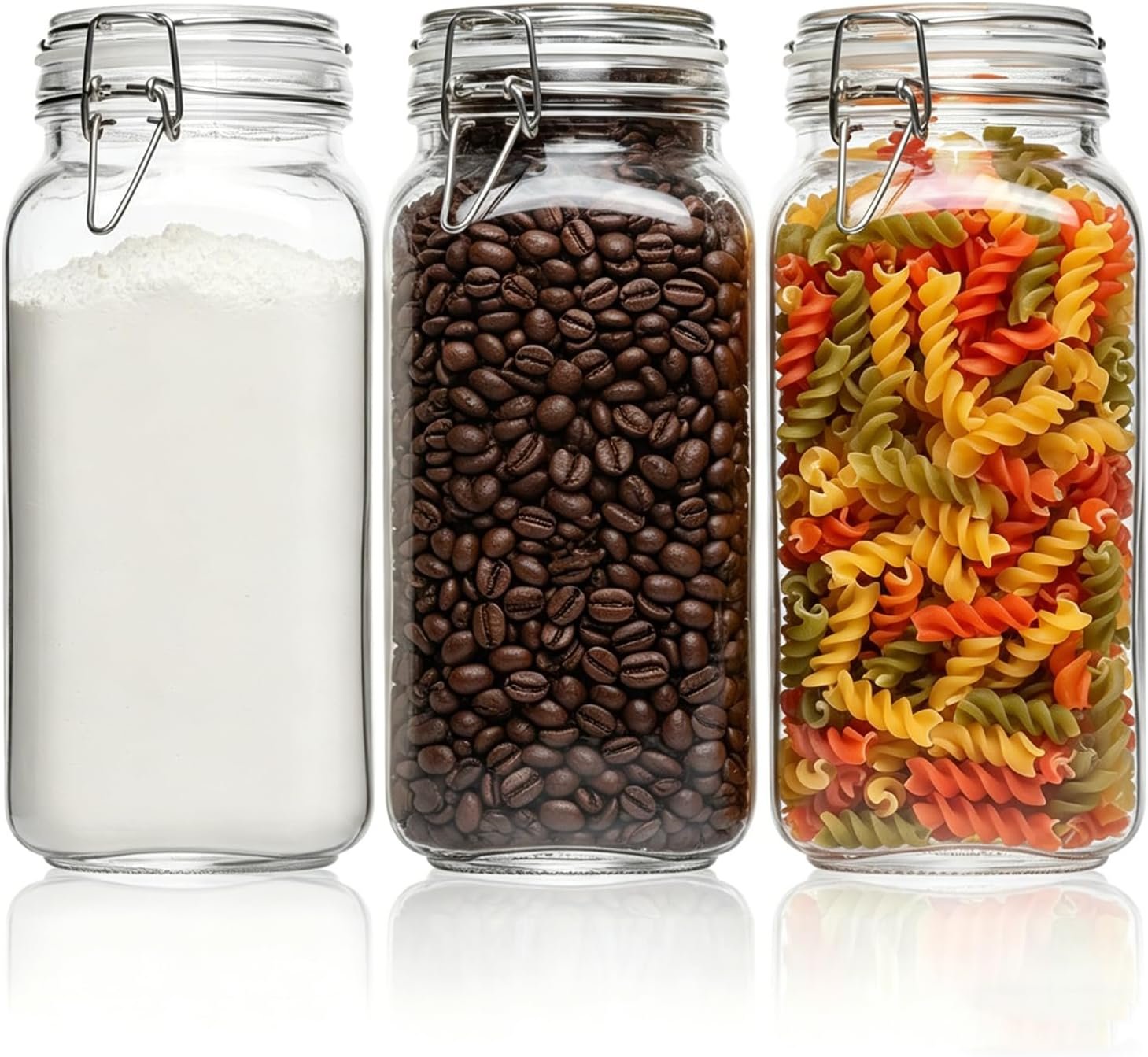 ComSaf 3-Pack 78oz Large Square Airtight Glass Jars for Bulk Food, Holds a 4lb Bag of Sugar or 5lb of Rice, Wide Mouth Canister for Flour, Coffee & Pantry Organization