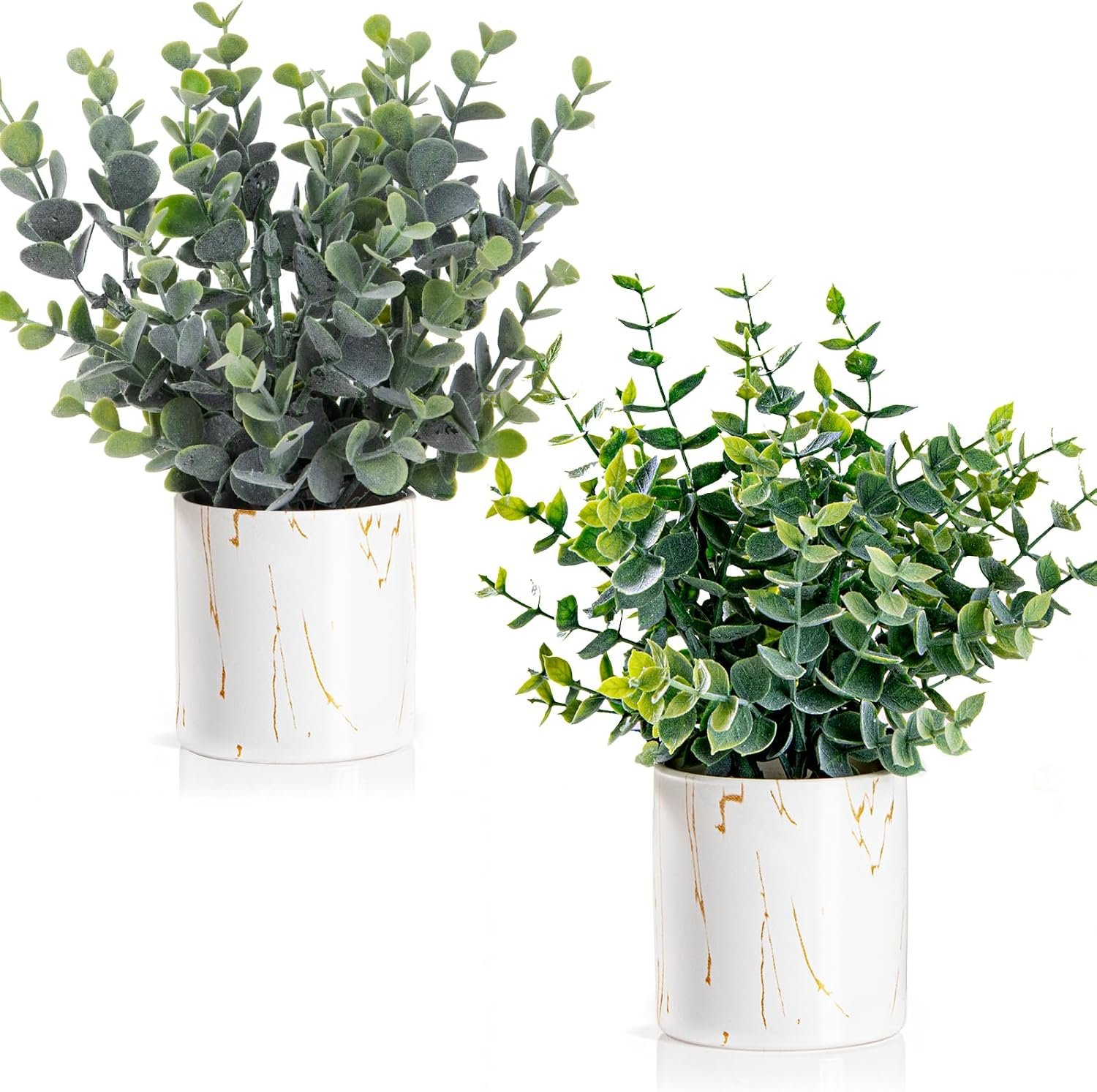 Taybonds Artificial Eucalyptus Plants in White Ceramic Pots, 2 Pack Faux Greenery Decor with Different Leaf Styles, Small Potted Plants for Shelf, Bathroom, Bedroom, Office Desk, 9.05″ Tall