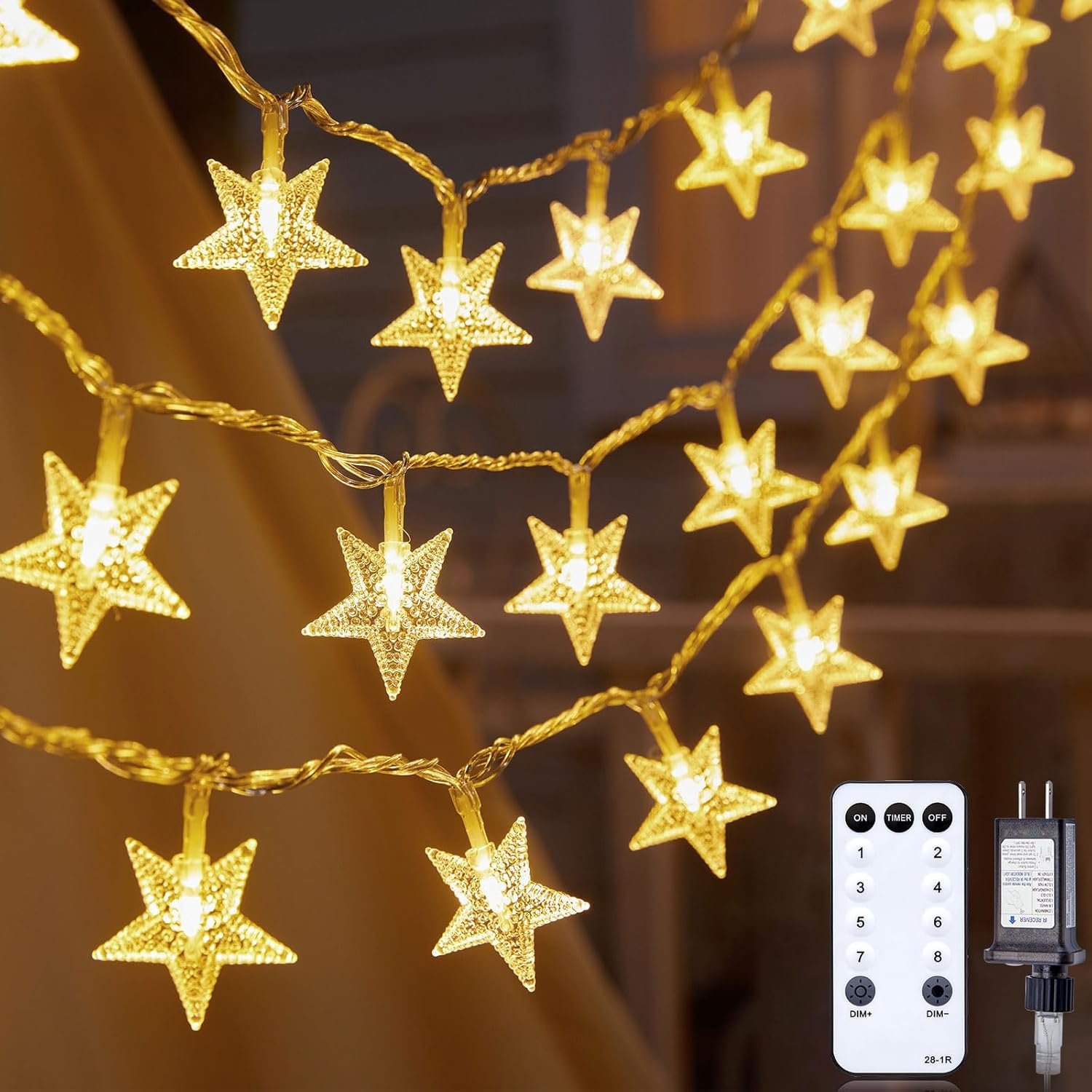 Star String Lights Plug in – 33 ft 100 LED Star Fairy String Lights with Remote and Timer, Waterproof for Bedroom Porch Wedding Party Patio Garden Tent Indoor Outdoor Décor, Warm White