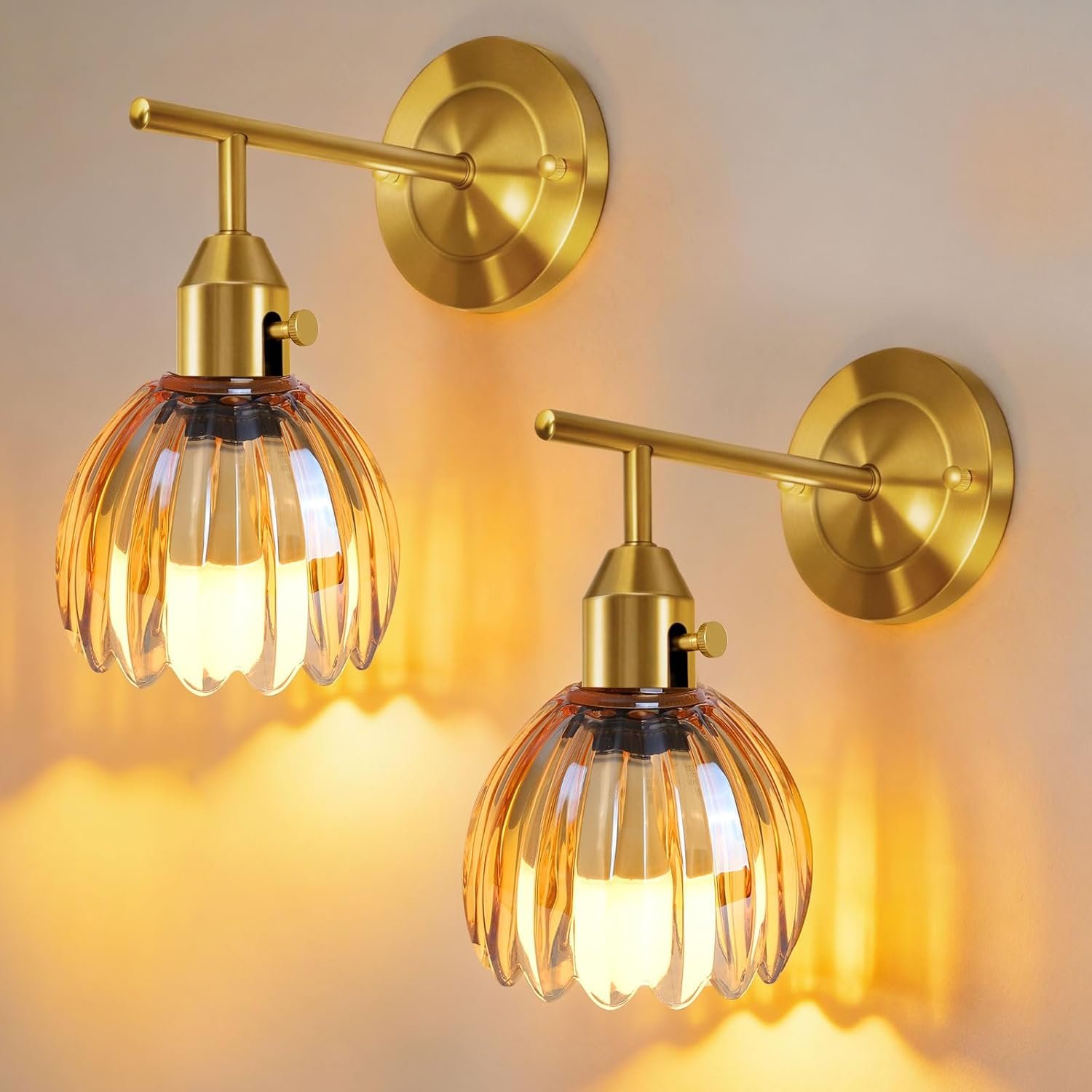 Vintage Gold Wall Sconces Set of 2 with Cute Amber Tulip Glass Lampshade, Hardwired and Wireless Wall Mounted Light Fixtures (2 Usage Methods) with Switch for Bedside Bedroom Living Room Wall Decor