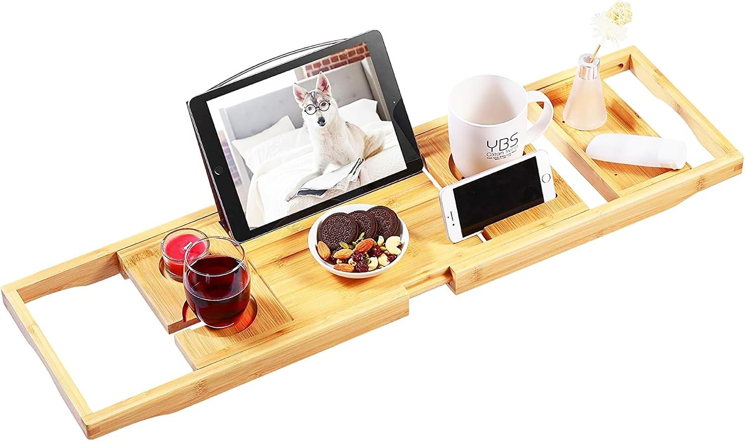 VaeFae Bamboo Bathtub Caddy Tray, Expandable Bath Tray for Tub with Upgraded Wine Slots and Book Holder – Ideal for One or Two Person Use