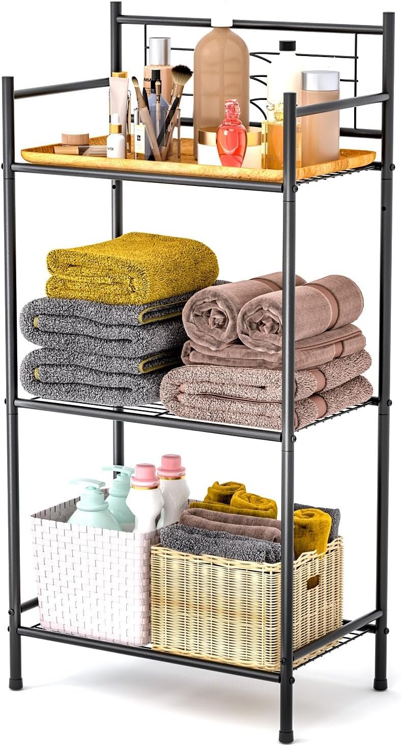 LEEDA 3-Tier Freestanding Multipurpose Storage Shelves Heavy Duty Metal Shelving Unit, Display Plants Flowers Bath Essentials, for Kitchen Bathroom Office, Black
