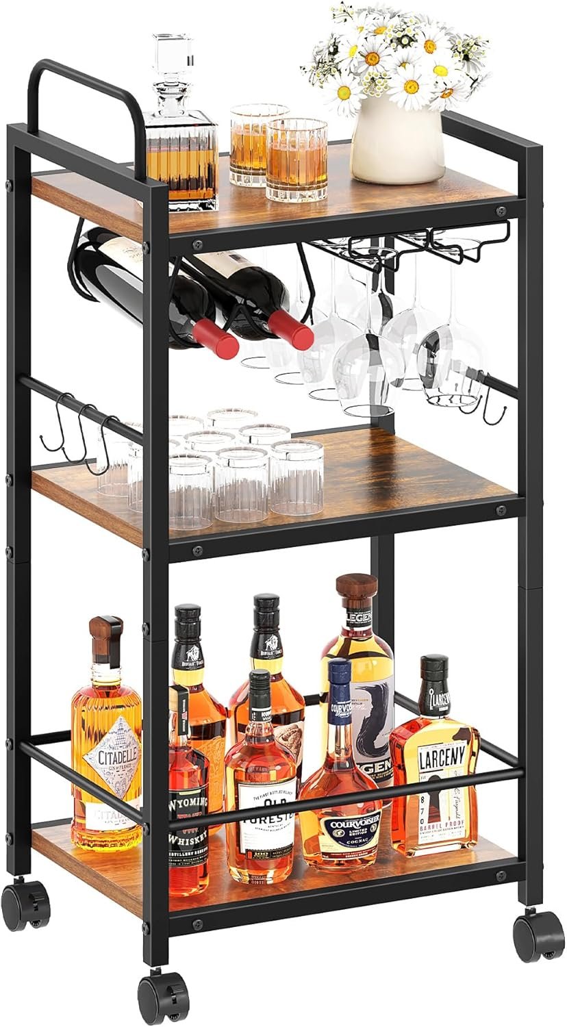 Bar Cart for The Home, 3 Tier Kitchen Carts with Wheels, Small Rolling Cart with Glass Holders, Wine Rack, Mini Bar Cart for Kitchen, Dining room, Living Room, 13.0″D x 17.0″W x 33.8″H, Rustic Brown