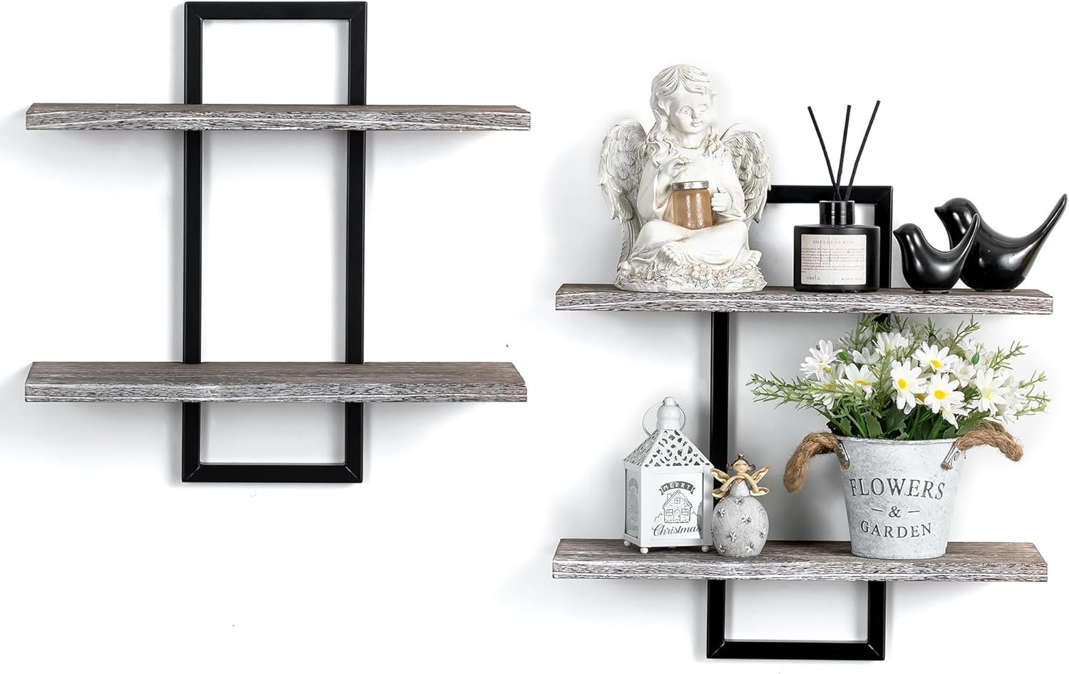 Rustic Wood Floating Shelves – Farmhouse Wooden Wall Shelves Organizer with Sturdy Metal Frame for Living Room Bedroom
