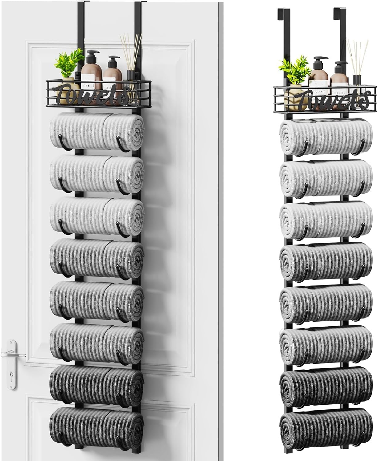 SWTYMIKI Hanging Towel Racks for Bathroom – 9 Tier Over the Door & Wall Mounted Bath Rolled Towel Storage Organizer Holder for Small Bathroom, RV, Camper, Black (Patented)