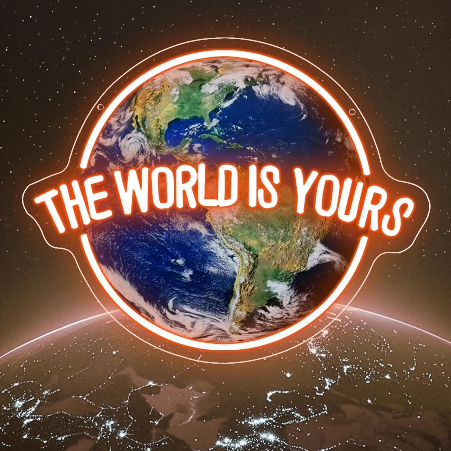 The World is Yours Neon Sign, Led Light Sign for Wall Decor, Acrylic Cool Planet Design for Boy Girls Bedroom, Game Room, Man Cave, Bar Bistro Club, Birthday Gift Graduation Party(Orange）