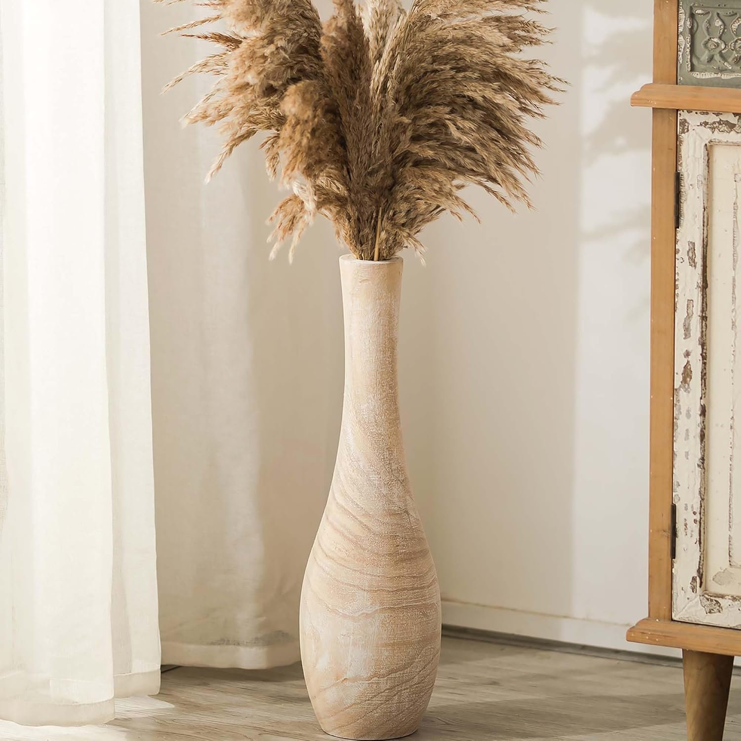 Hanobe Wood Tall Floor Vase: 22 Inch Slender Beige Boho Vase for Pampas Grass – Decorative Large Vases for Farmhouse Living Room Corner Entryway Fireplace Home Decor