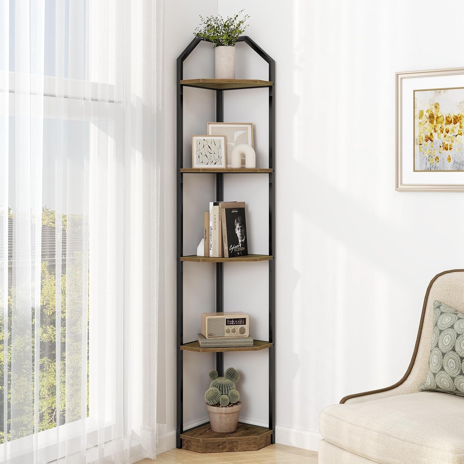 5 Tier Corner Wall Shelf Stand, 70″ Metal Corner Shelves Bookshelf Display Shelf for Living Room Decor, Tall Plant Stand Multi Unit Organizer, Standing Shelf for Bedroom,Bathroom,Small Space (Brown)