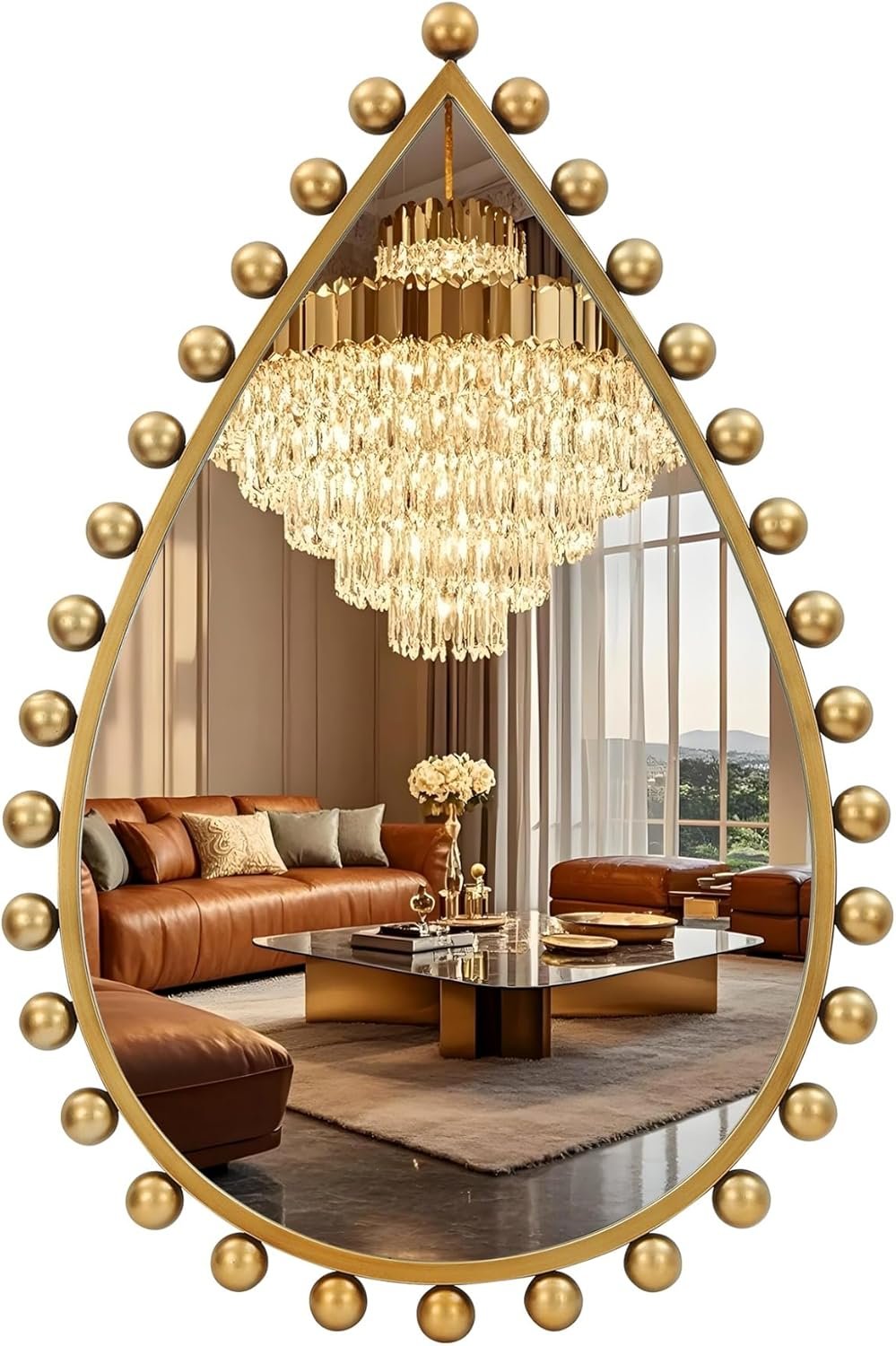 Antique Gold Teardrop Mirror Unique with Ball Frame – 24″x36″ Beaded Large Decorative Ornate Wall Mirror for Bathroom, Bedroom, Living Room, Hallway