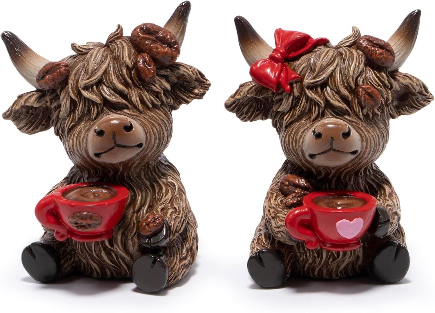 Hodao Coffee Highland Cow Figurines Decoration – Rustic Farmhouse Decor, Handcrafted Resin Highland Cow Ornaments, Cozy Coffee Lovers & Retired Loved Ones Gifts for Home, Kitchen (Brown)