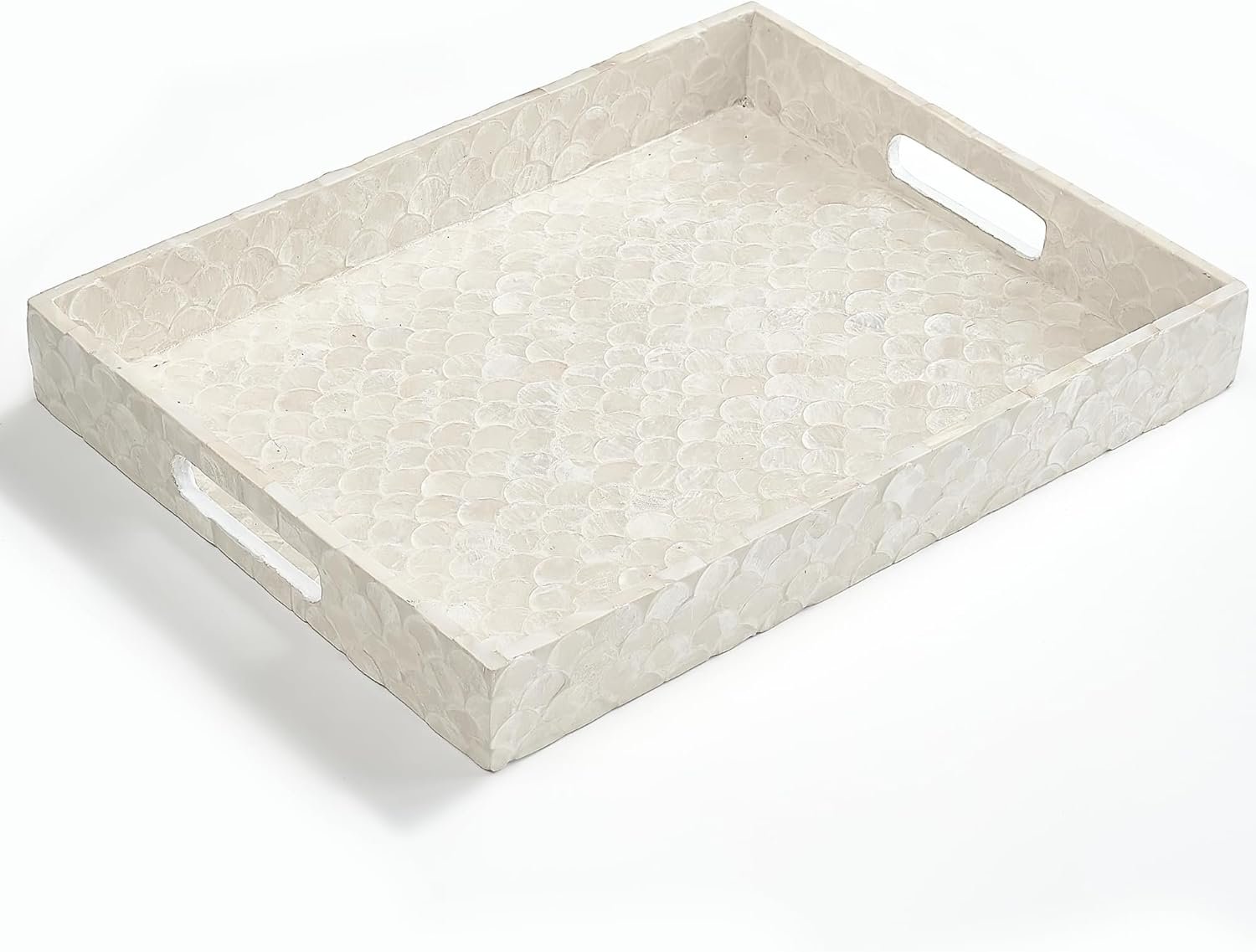 CHI AN HOME Capiz Decorative Tray 15.8” x 11.8” x 1.8″ Rectangular Tray, Natural Handmade Serving Tray with Handles for Coffee Tables, Ottoman, Vanity, Kitchen, Coastal Boho Home Decor, White