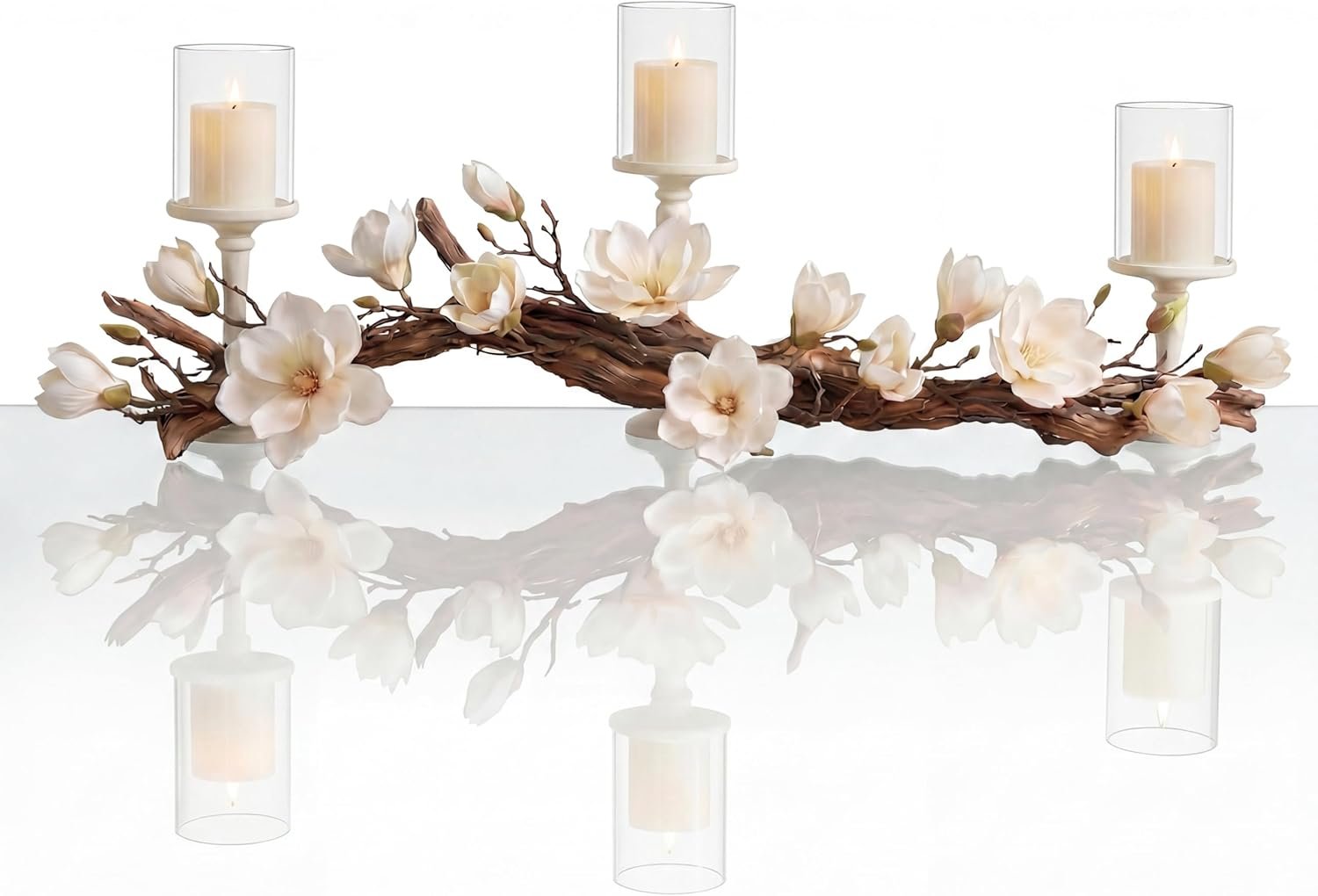 Magnolia Vine Driftwood Farmhouse Table Centerpiece – 3pc Candle Holder Set – Floral Table Decor for Dining Room, Living Room, Mantle & Weddings (Ivory)