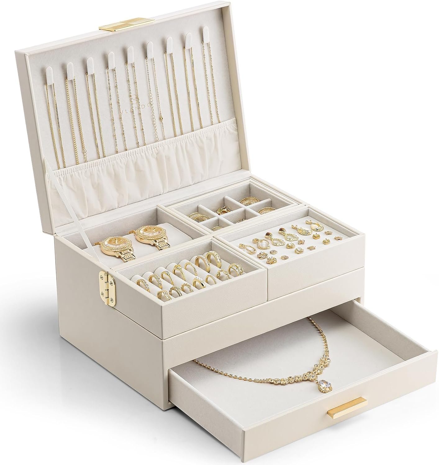 VLANDO 3 Layer Jewelry Box – Women Jewelry Box with Retractable Tray – Jewelry Organizers with Drawer for Necklaces, Rings, Bracelets, Earrings, Valentines Gift for Mom Girls – Cloud White