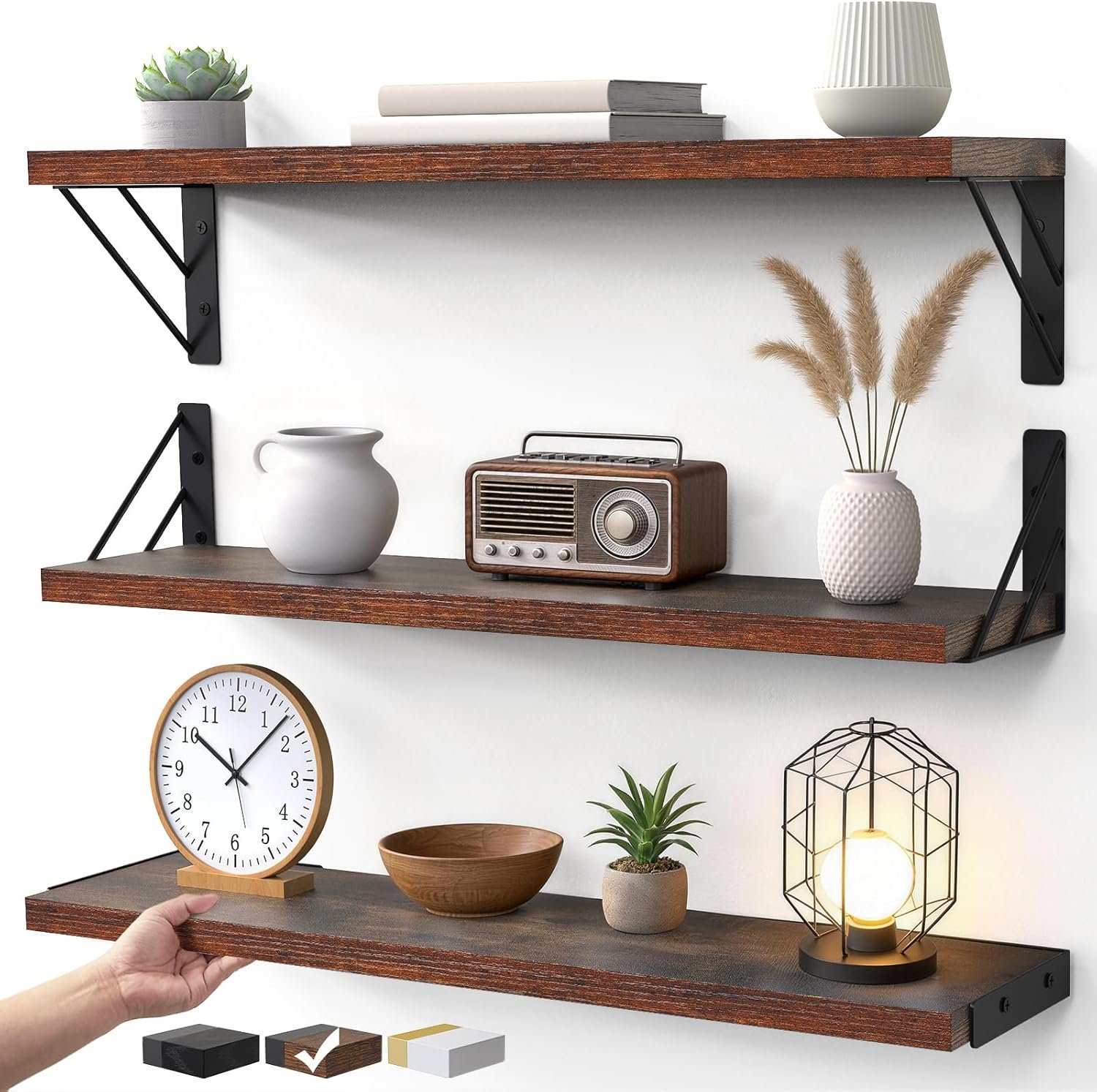 BAYKA 23-in Floating Wall Shelves, Rustic Wood Wall Shelves for Bedroom, Bathroom, Kitchen & Living Room, Display Shelf for Books, Plants & Decor (Rustic Brown)