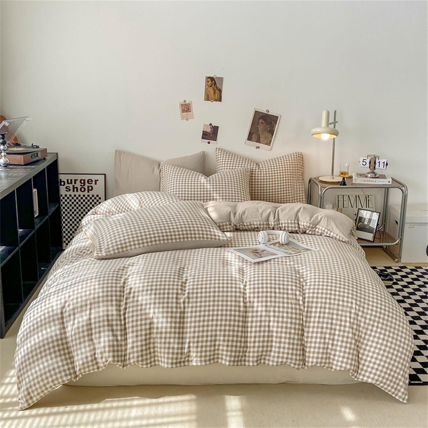 Nayoroom Gingham Duvet Cover King Size Brown Tan Plaid Checkered Comforter Cover Grid Farmhouse Bedding Set 3 Pcs Soft Breathable Washed Microfiber Gifts for Women Men