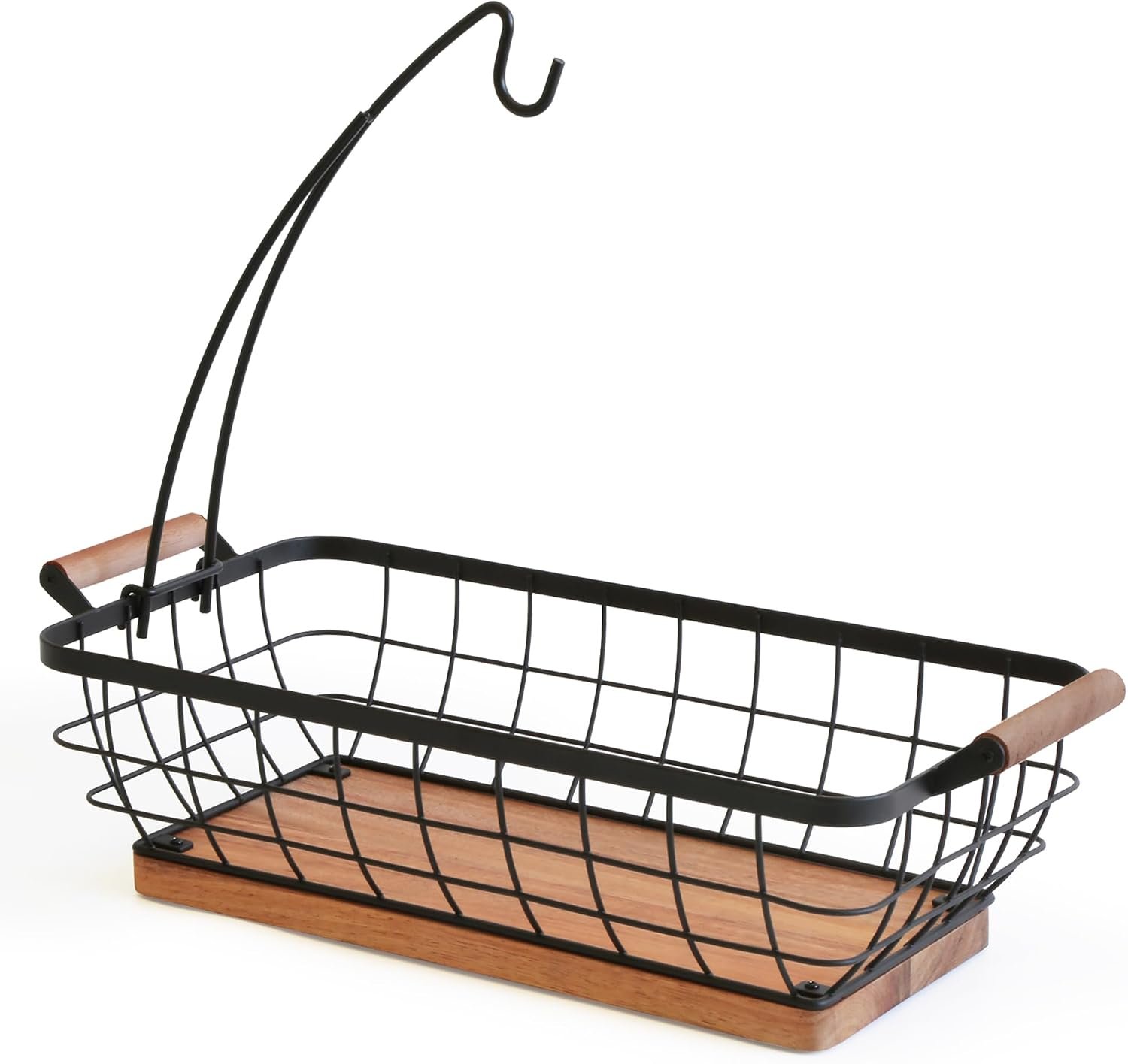 WILDMOS Rectangular Fruit Basket with Banana Hanger,Metal Wire Fruits Bowl with Wooden Base,Kitchen Table Organizer,Black Fruit Bowl for Kitchen Counter,Vegetable Bowls for Fruits, Veggies, Snacks.