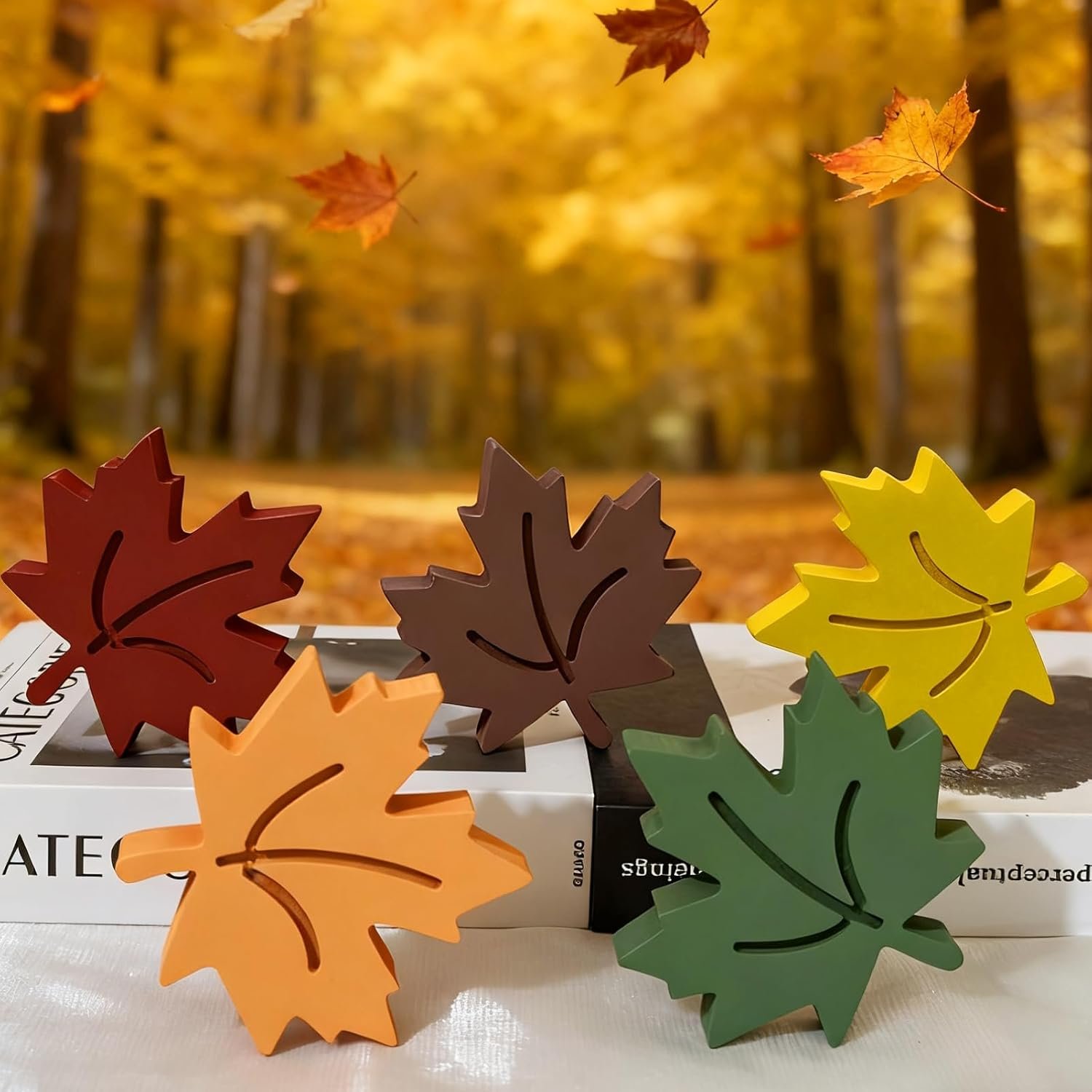 Fall Decor 5 Pcs Wooden Maple Leaf Block Sign – Vintage Farmhouse Autumn Harvest Decor for Home Office Table Tiered Tray Shelf