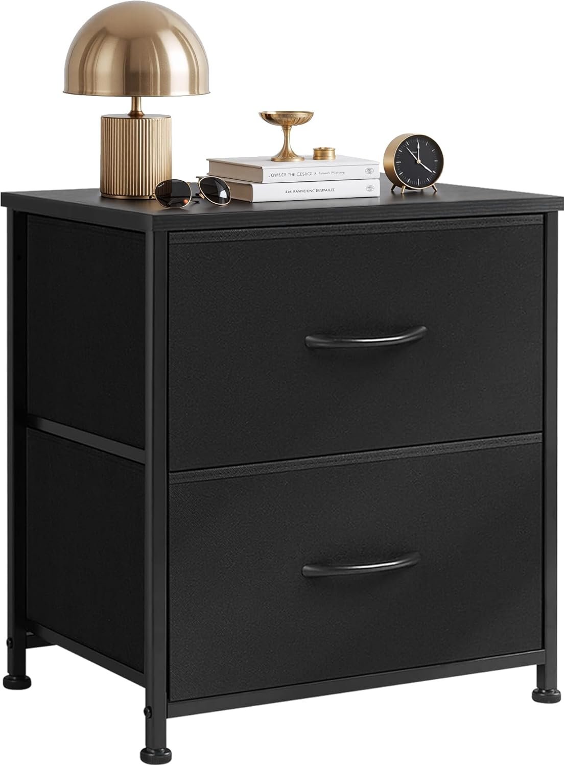 Nightstand Upgraded, Small 2 Drawer Dresser End Table Bedside Furniture, Wooden Top Fabric Bins for Bedroom, Closet, Entryway, Dorm, 11.8″ D x 18″ W x 20″, Black