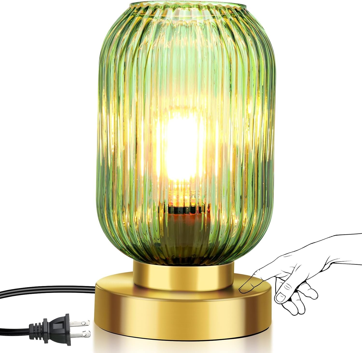 Mid Century Modern Table Lamp, Touch Control & 3 Way Dimmable, Green Ribbed Glass Shade, Small Gold, Vintage Bedside Lamp for Bedroom, Living Room,Office (Bulb Included)
