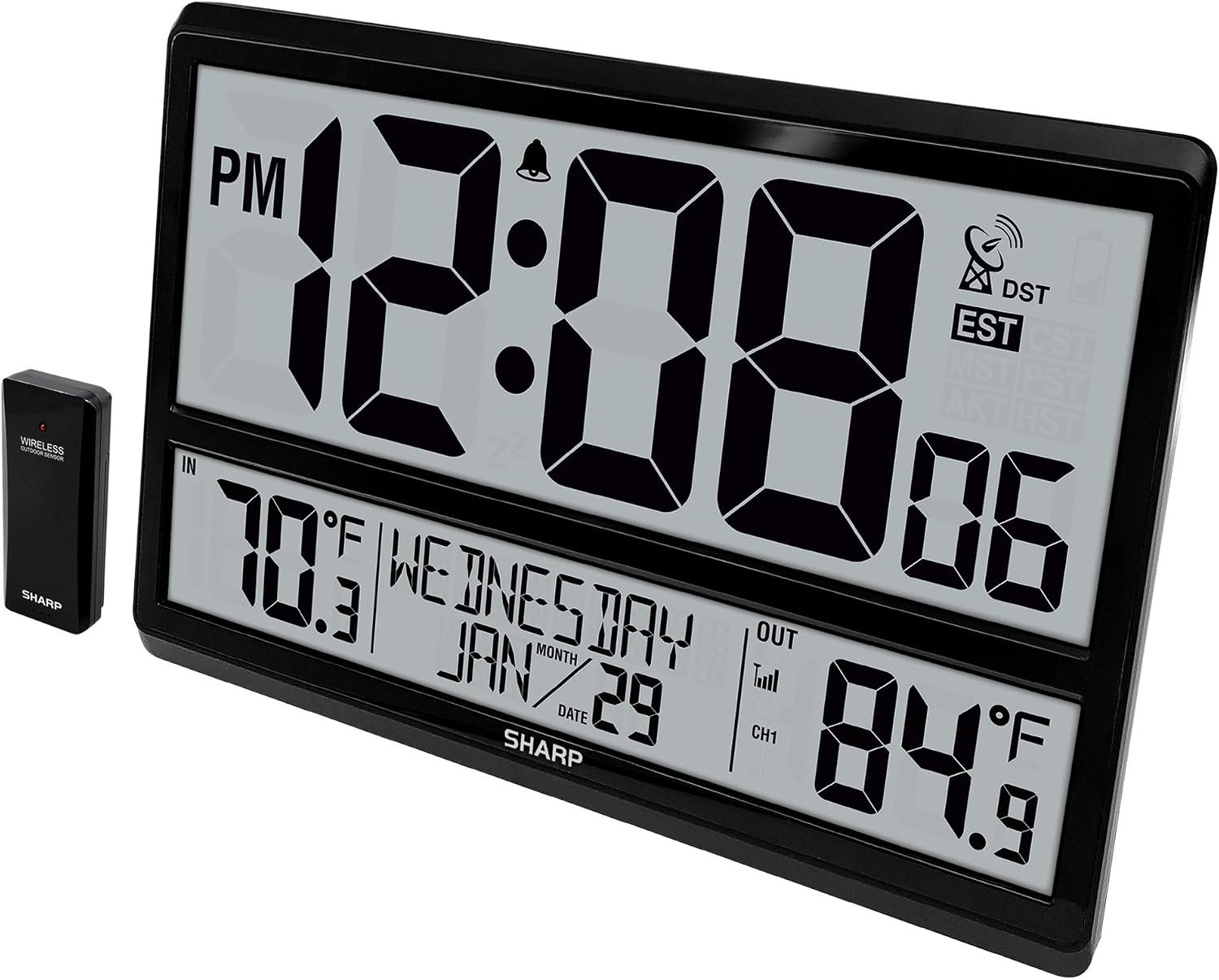 Sharp Atomic Clock – Never Needs Setting! –Easy to Read Numbers – Indoor/Outdoor Temperature, Wireless Outdoor Sensor – Battery Powered – Easy Set-Up (4″ Numbers)