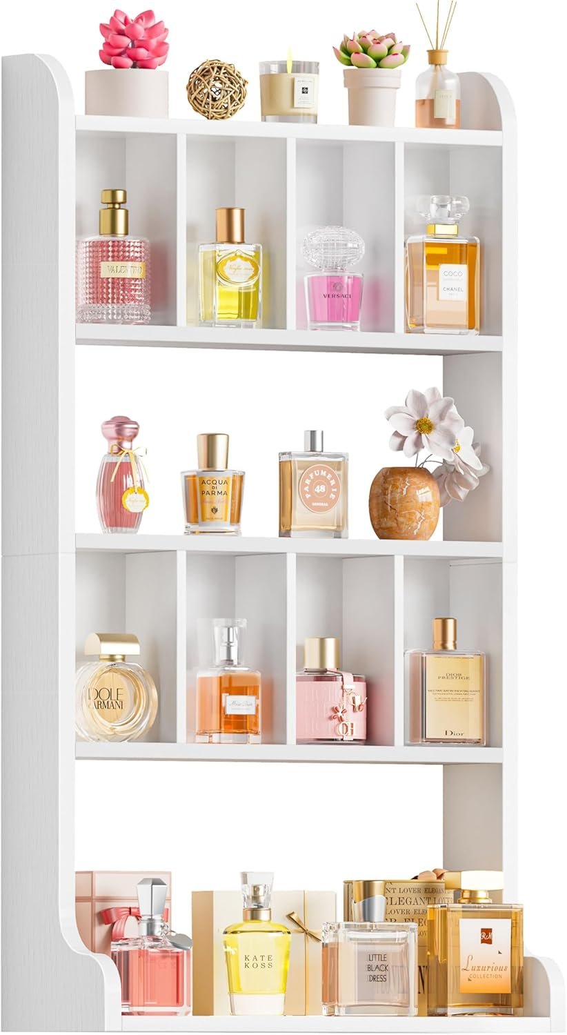 Keebofly Perfume Organizer Wall Mount & Large Cologne Display Case – Wooden Multi-Tier Trinket Shelf for Fragrances, Collectibles, Figures, Miniatures, Cosmetics and Shot Glasses, White