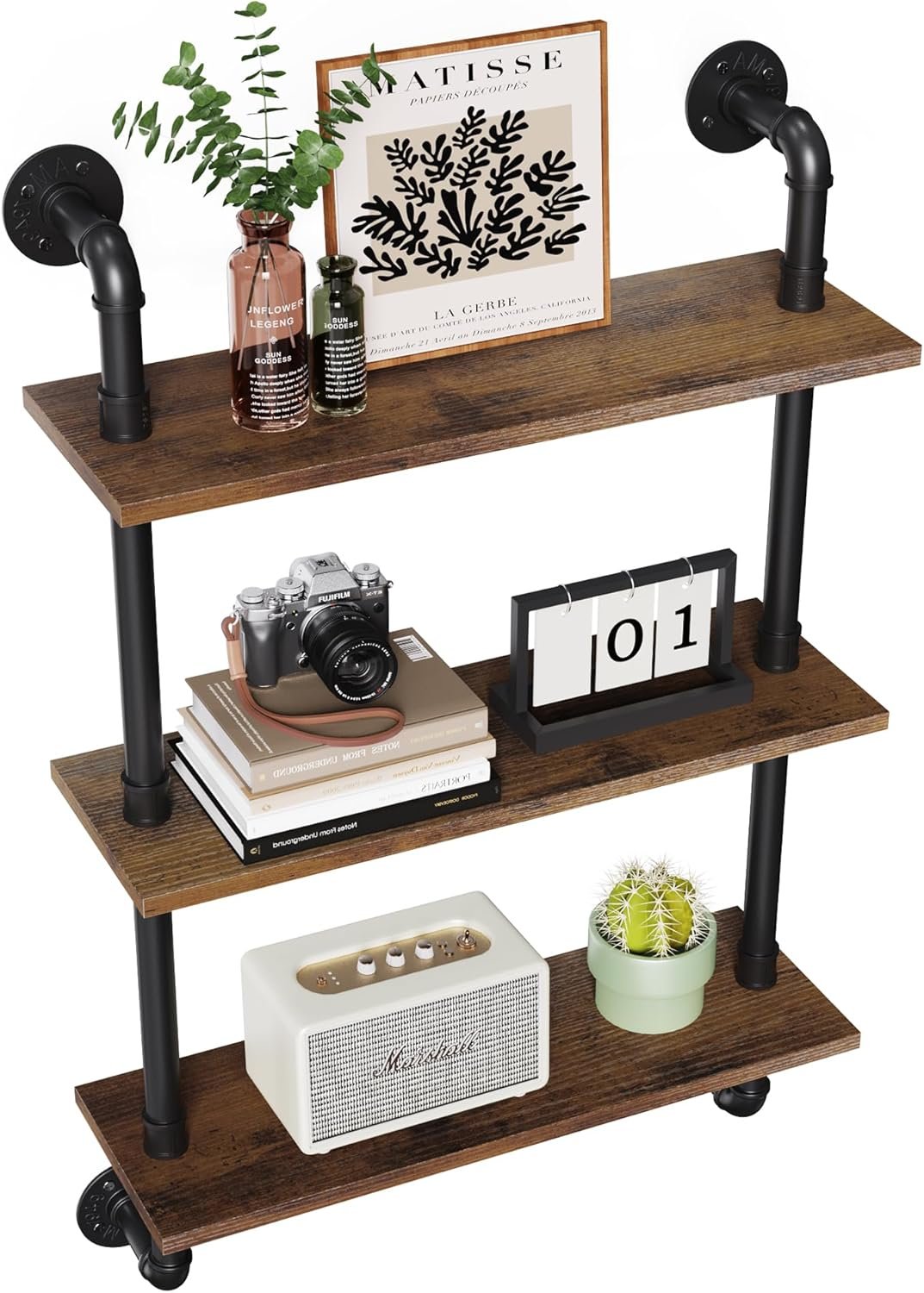 Merapi 24″ Industrial Floating Shelves, Pipe Shelves for Wall, 3 Tier Rustic Wood Wall Shelves for Home Décor, Bedroom, Living Room, Bathroom…
