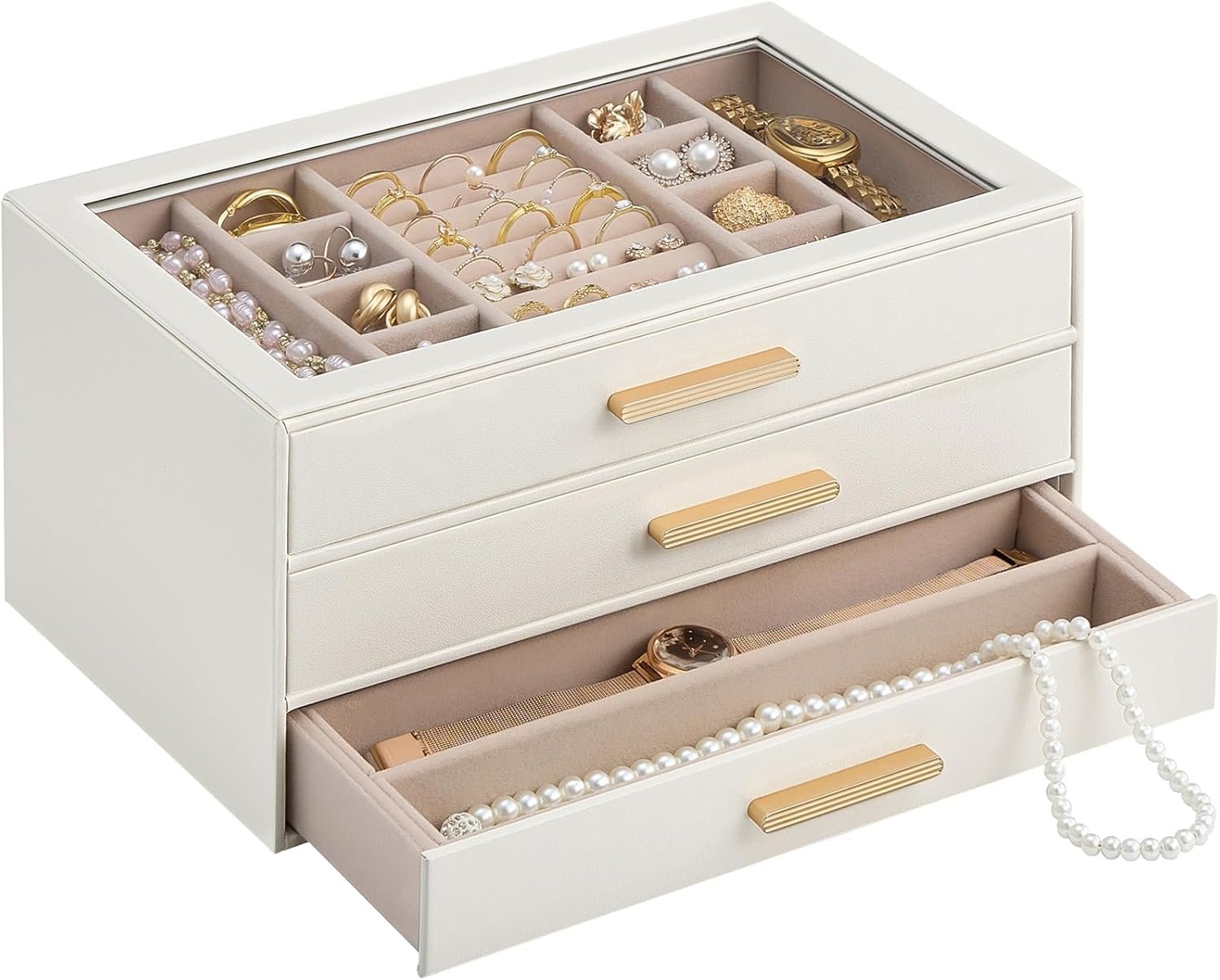 Lolalet Jewelry Box Organizer, 3-Layer Jewelry Organizers and Storage Case with Glass Lid, Ring Earring Bracelet Necklace Holder Organizer, Mothers Day Gifts for Mom, Women Girls -3Layer, Beige