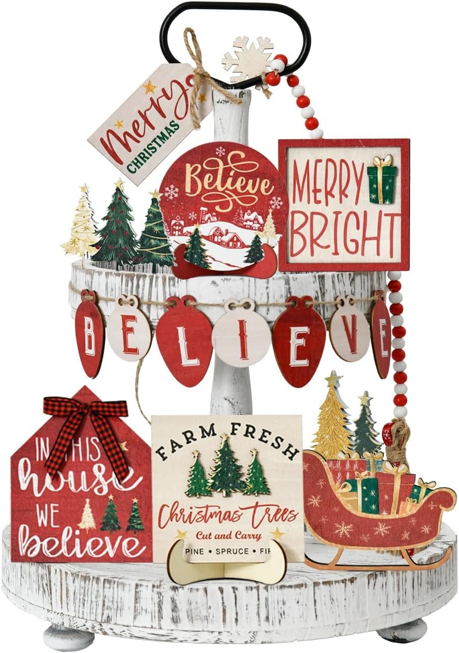 Smile 15 Pcs Christmas Indoor Decor, Wooden Tiered Tray Decor Set Centerpiece, Christmas Tree Tabletop Decoration for Xmas Home