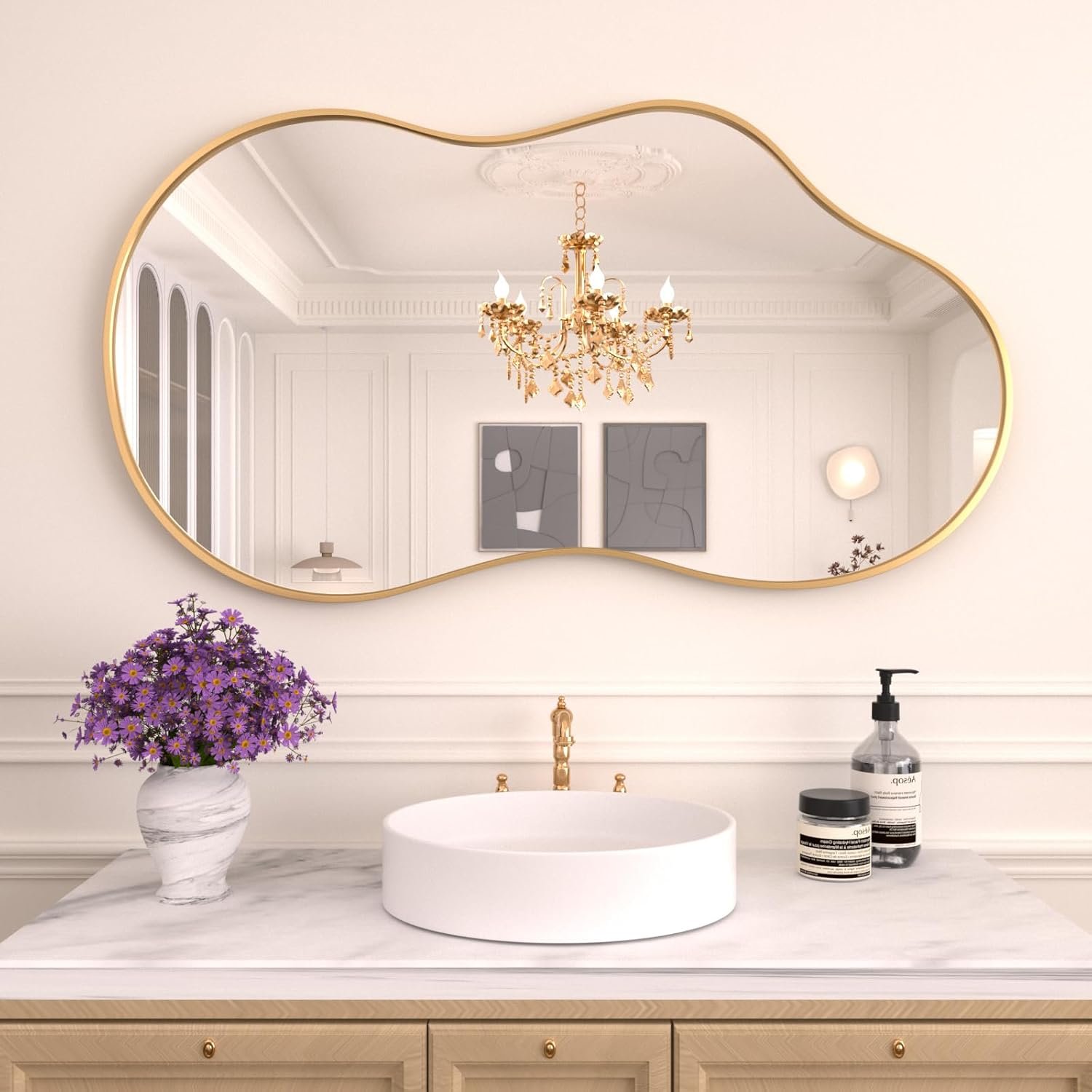 WEER Irregular Wall Mirror, 20×36 inch Gold Asymmetrical Wall Mounted Mirrors Decorative, Abstract Wavy Aluminum Alloy Frame for Bathroom, Bedroom, Living Room, Entryway
