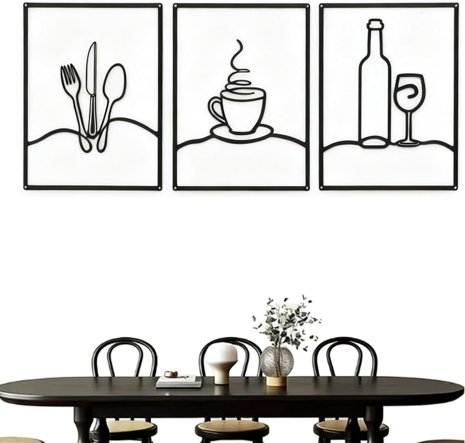 Masney 3 PCS Metal Minimalist Line Kitchen Signs Wall Art – Rustic Kitchen Wall Decor Black for Kitchen Dining Living Room Home, 14 x 11 Inches – Housewarming Gifts