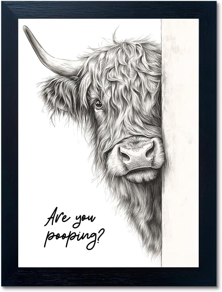 Funny Highland Cow Bathroom Wall Art – Rustic Farmhouse Wall Decor with Humorous Are You Pooping Canvas Print, Cute Animal Canvas Art for Restroom – Black Framed Cow Pictures Wall Decor Ready to Hang 8″x10″