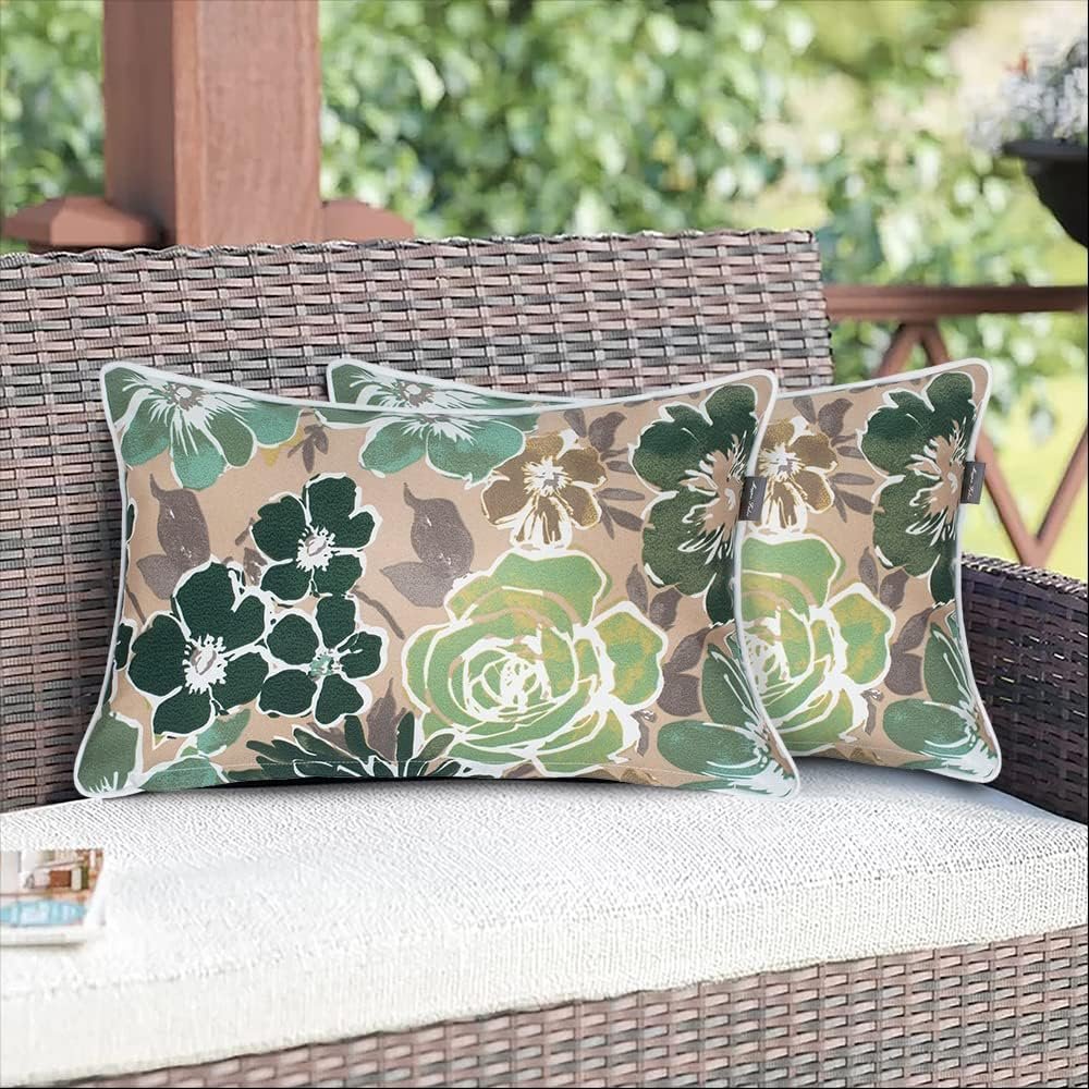 Magpie Fabrics Set of 2 Lumbar Throw Pillow with Insert 12×20 Inch, Outdoor Rectangular Waterproof Home Decorative Toss Cushion for Patio Garden Car Office – Green Floral