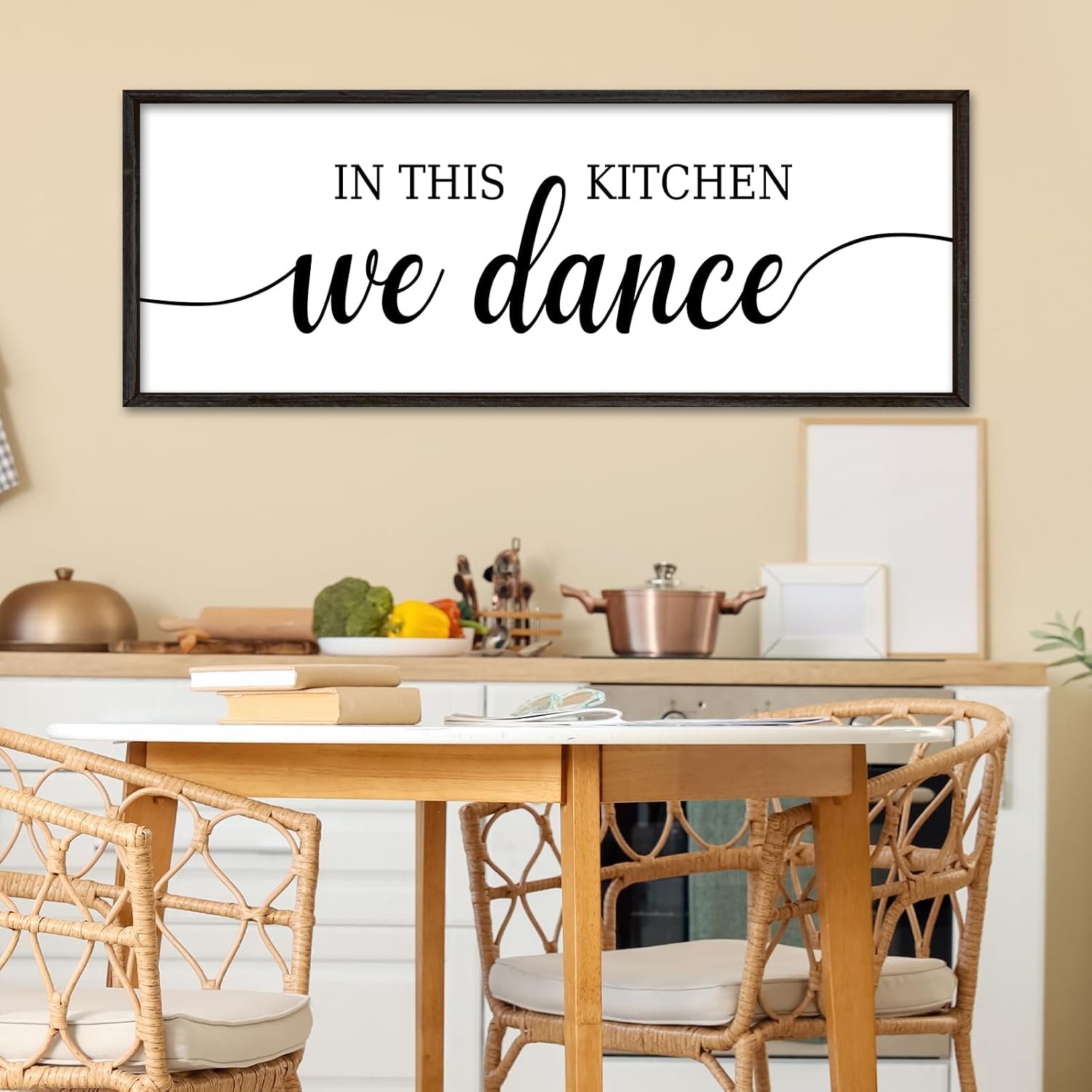 YWMZYKJGS In This Kitchen We Dance Sign 32″×12″ Kitchen Wall Decor Large Funny Kitchen Home Wood Framed Dining Room Wall Hanging Art (Black)