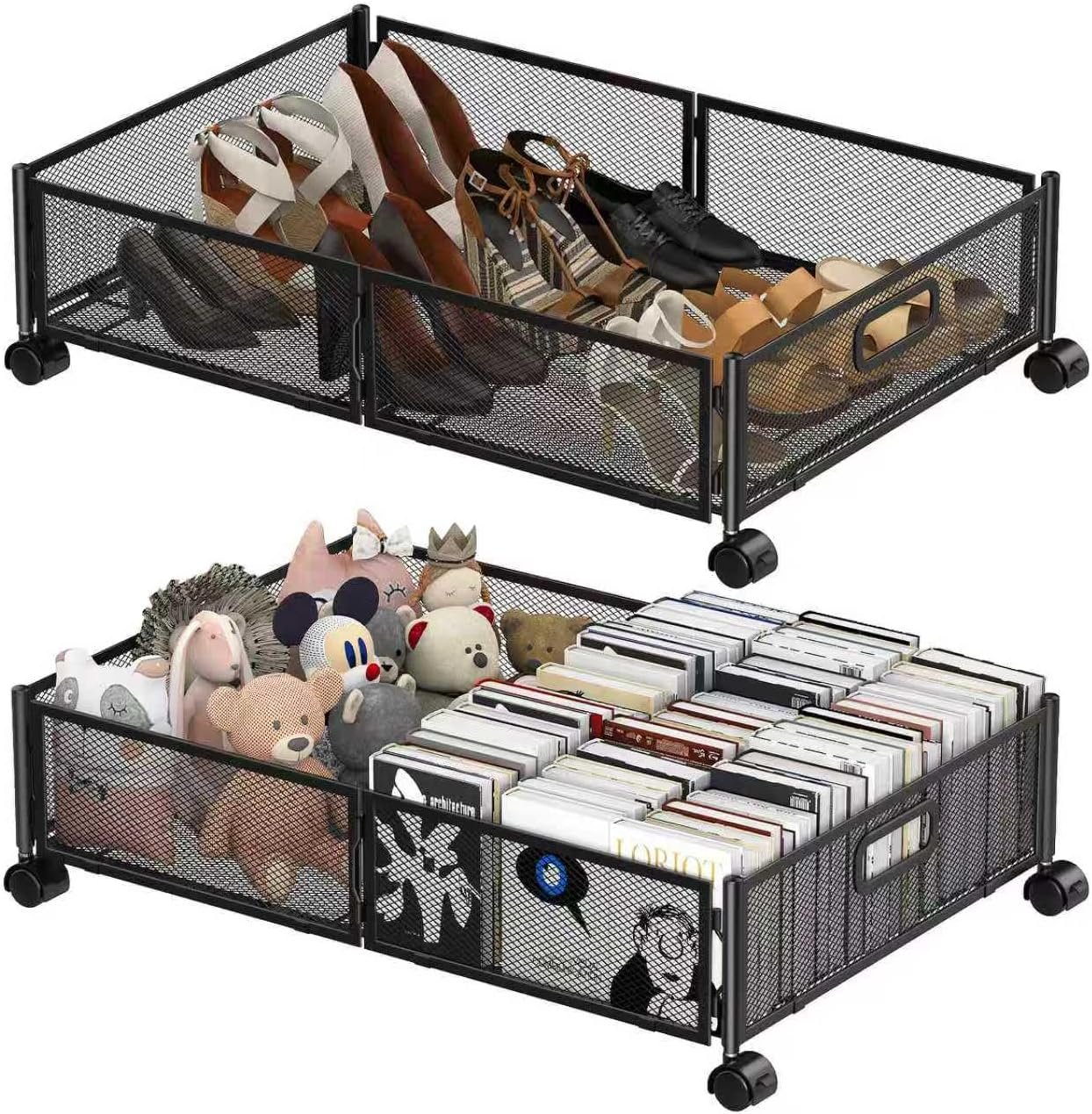 Under Bed Storage Containers,2 Pack Foldable Underbed Storage Containers with Handles and Wheels,Folding Bed Shoes Clothes Organizer,Easy Assembly Underbed Storage for Toy ,Bedding,Bedroom(Black)