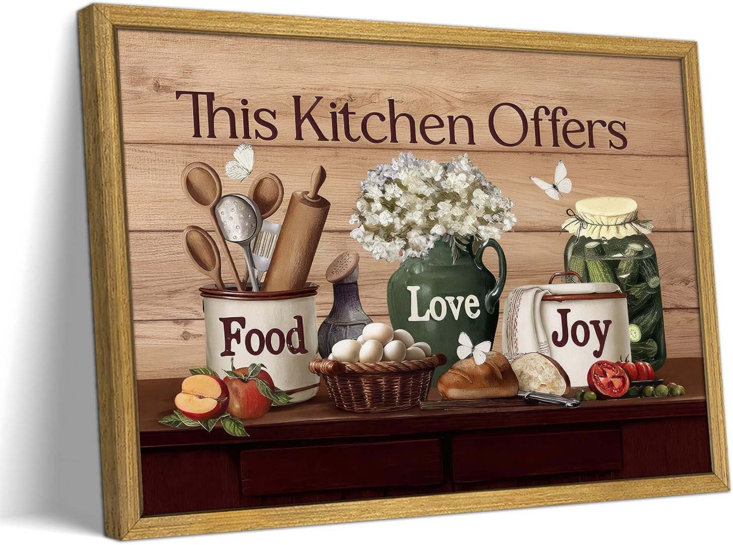 wanyun Vintage Kitchen Pictures Wall Decor, Country Kitchen Food Still Life Wall Art, Dining Room Decor Oil Painting, Canvas Prints Picture For Dining Room Kitchen Home Decor 8×10 Inch Wood Framed