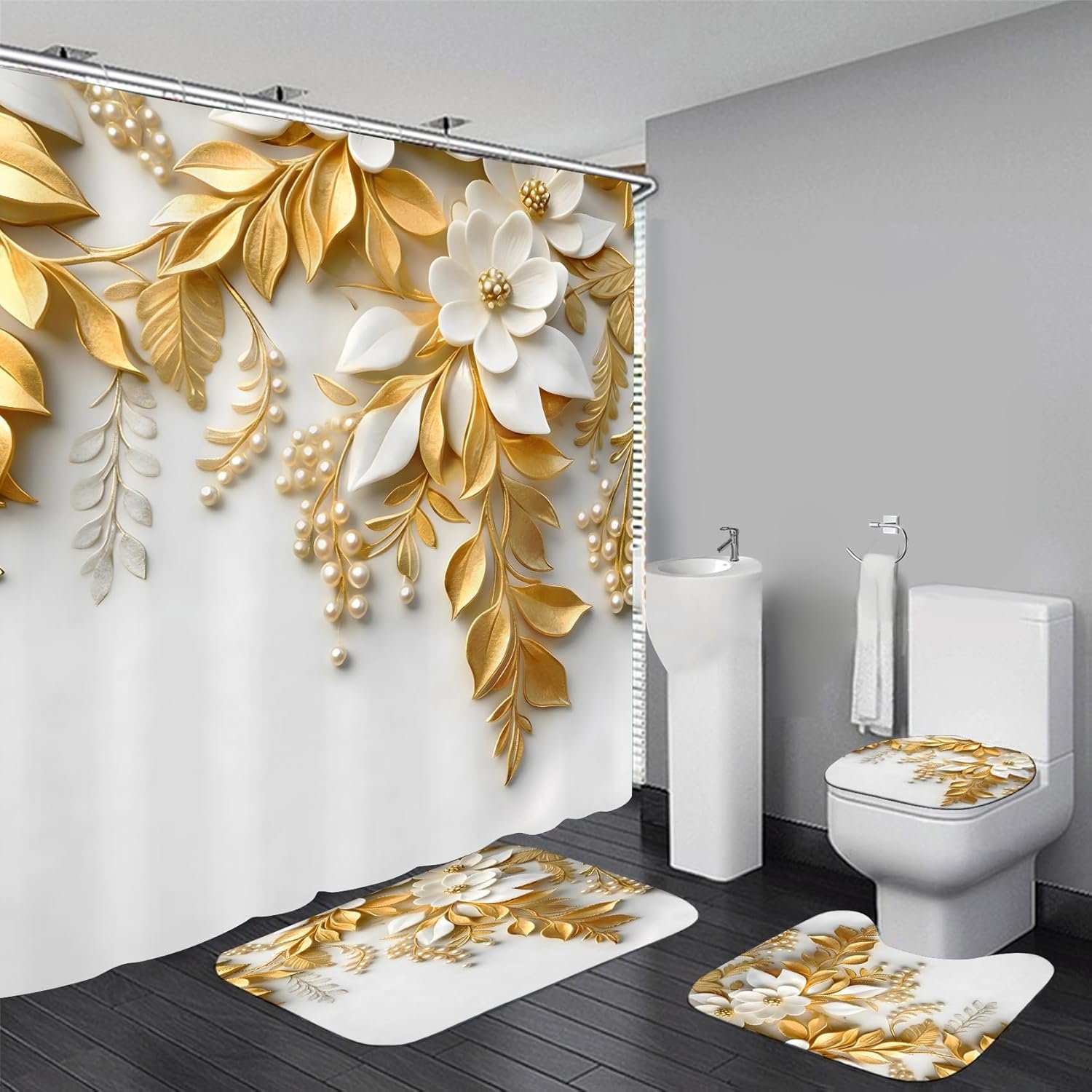 Chrainy 4Pcs Golden Leaves Shower Curtain Sets White Flowers Floral Bathroom Accessories Set Plant Modern Waterproof Bathroom Decor with Rugs and 12 Hooks