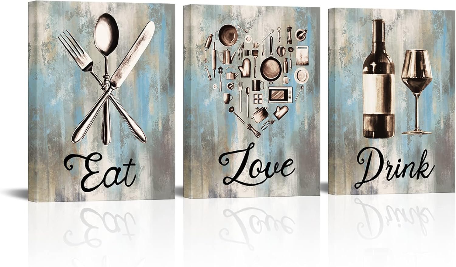 LyerArtork Home Kitchen Pictures Wall Art Vintage Utensils Canvas Prints Eat Love Drink Sign Paintings Teal Grey Artwork for Dining Room Decorations 12x16inchx3 pcs