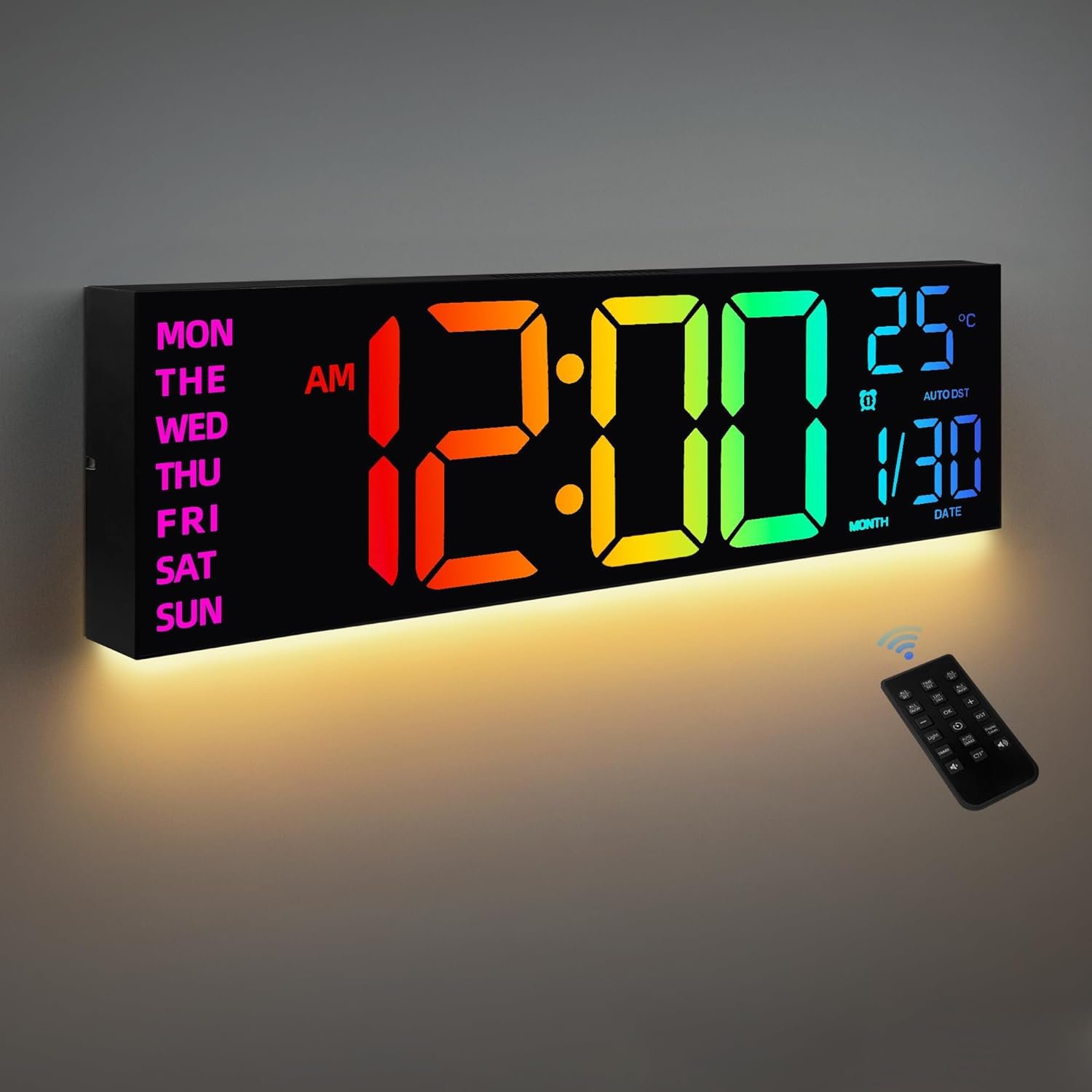 HAITANG 8 Colors Digital Wall Clock, 16.2″ Large Digital Clock with Temperature, Date, Auto DST, Night Light, Auto Brightness Dimmer, 24/12-hour Wall Clock for Living Room Office Classroom Gym