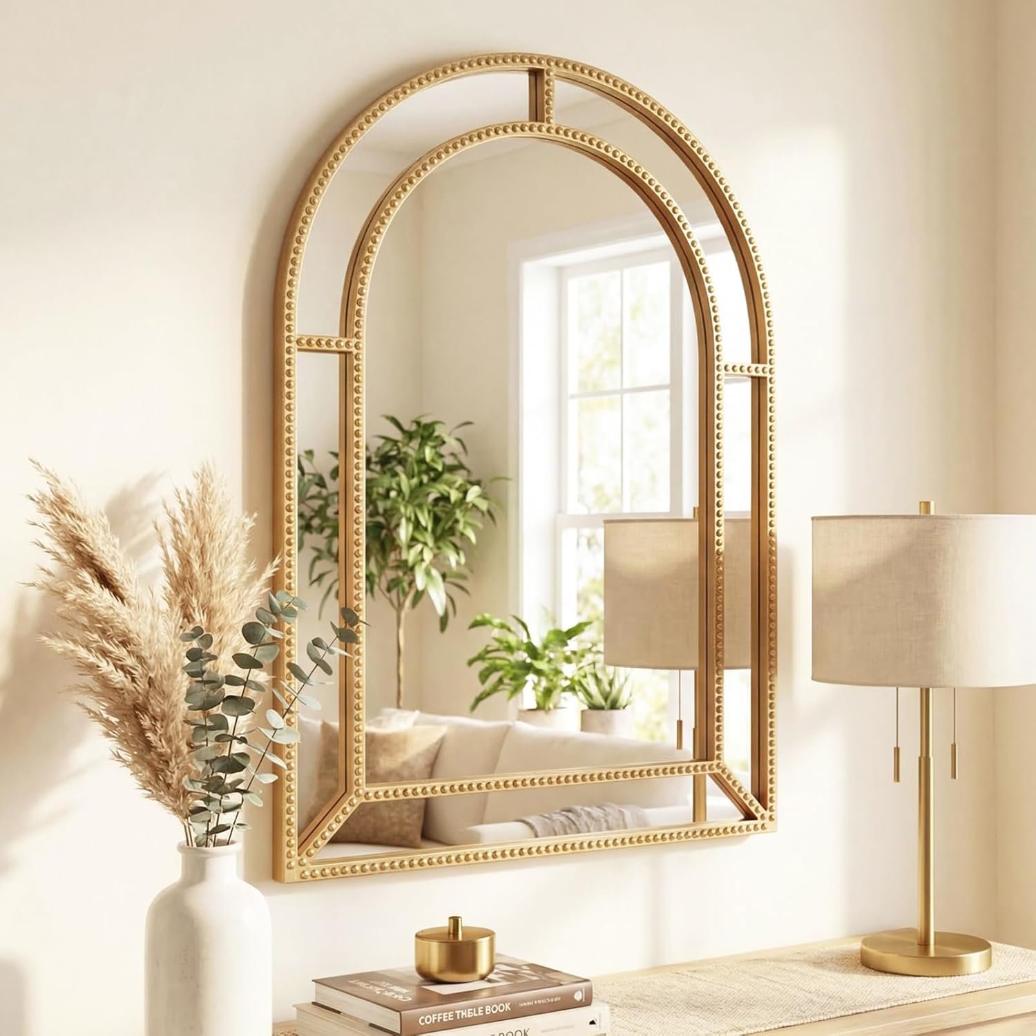 CHARMAID Gold Arched Wall Mirror with Beaded Frame, 36″x24″ Decorative Vanity Mirror for Bathroom, Bedroom, Living Room, Entryway, Antique Accent Wall Mounted Mirror Decor